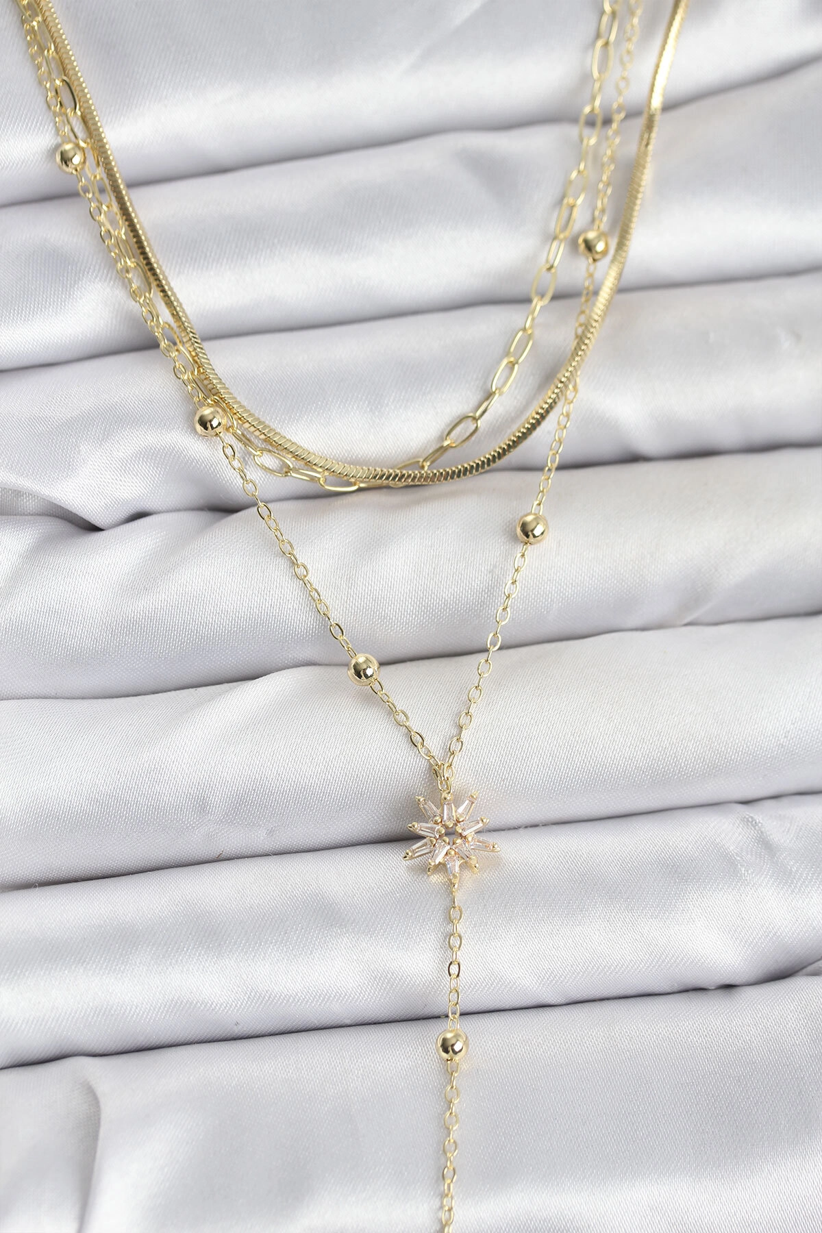 Pirinç Gold Renk Kutup Yıldızı Model Detaylı 3'lü Kombin Y Kadın Kolye-0