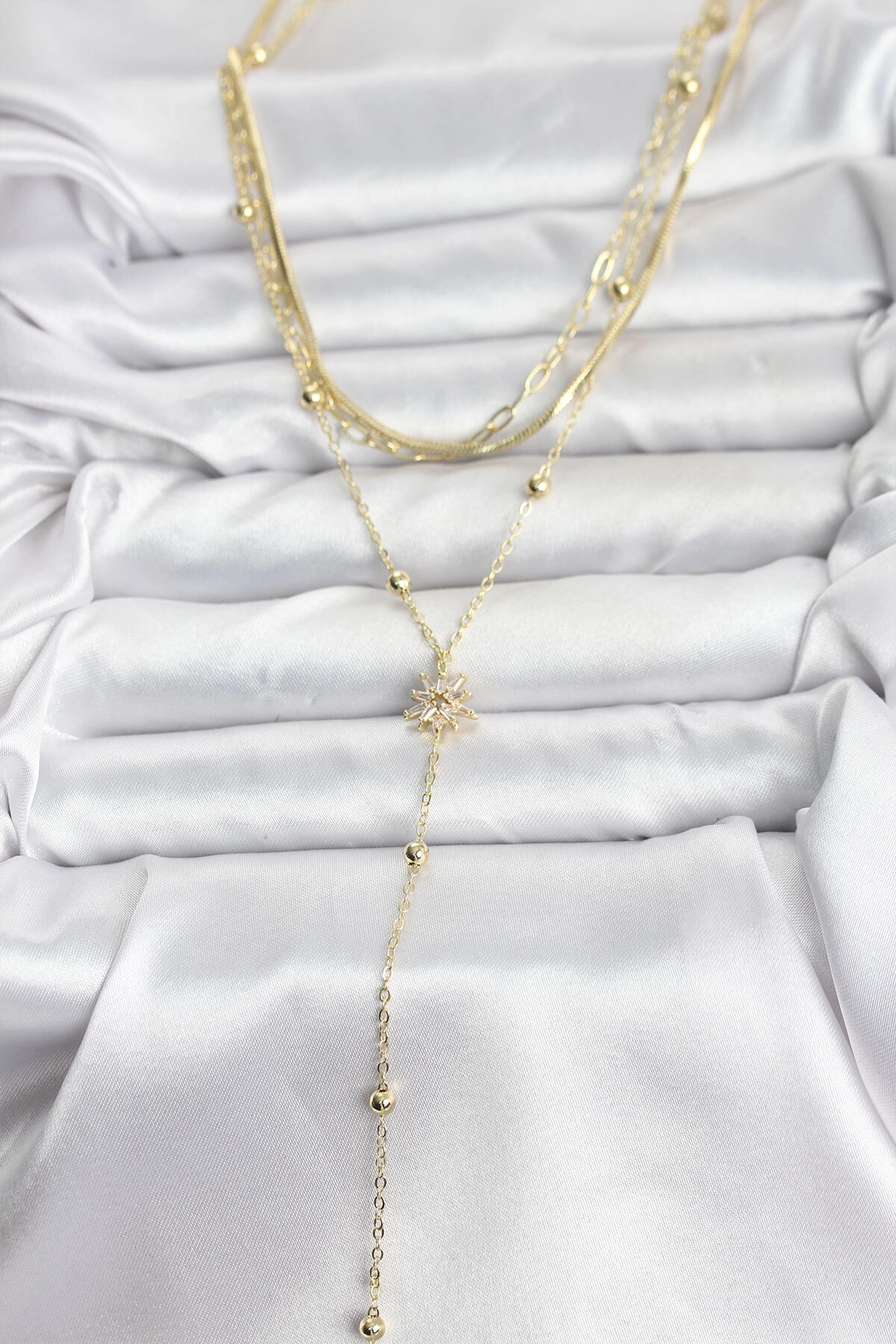 Pirinç Gold Renk Kutup Yıldızı Model Detaylı 3'lü Kombin Y Kadın Kolye-1