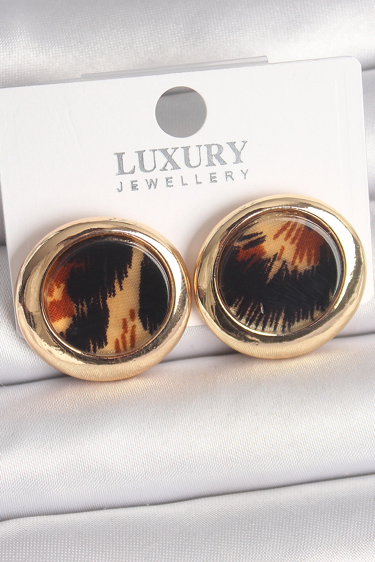 Pirinç Gold Renk Leopar Desen Daire Model Kadın Küpe-0