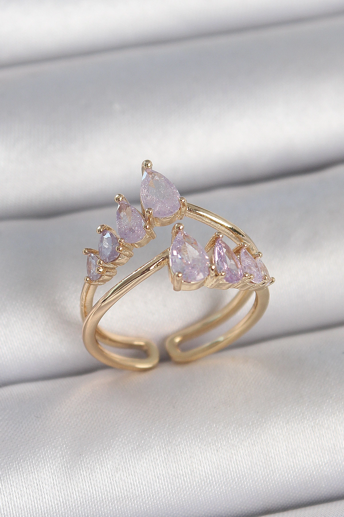 Pirinç Gold Renk Mor Damla Zirkon Taşlı Taç Model Kadın Yüzük-0