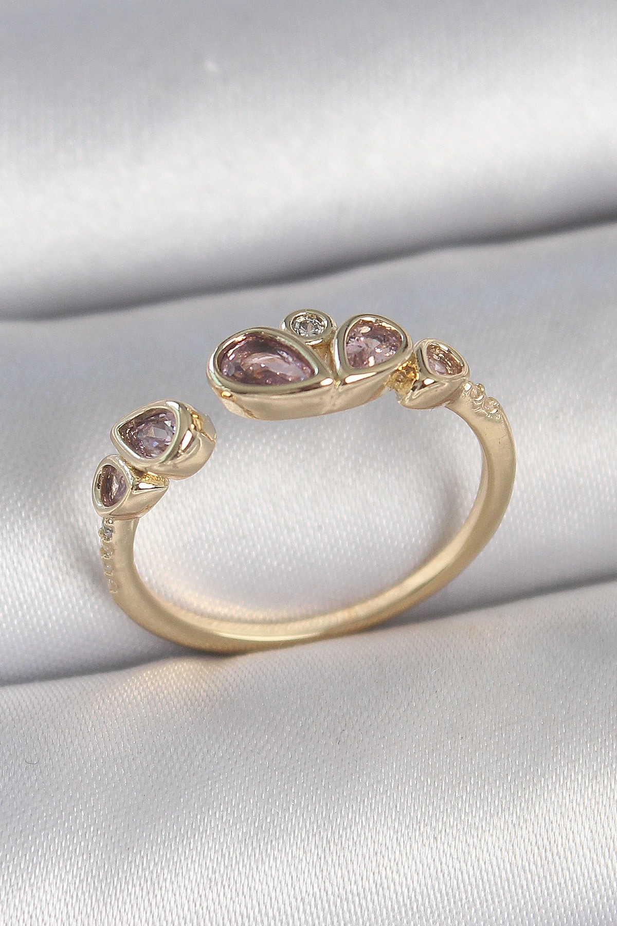 Pirinç Gold Renk Pembe Damla Zirkon Taşlı Ayarlanabilir Kadın Yüzük-0