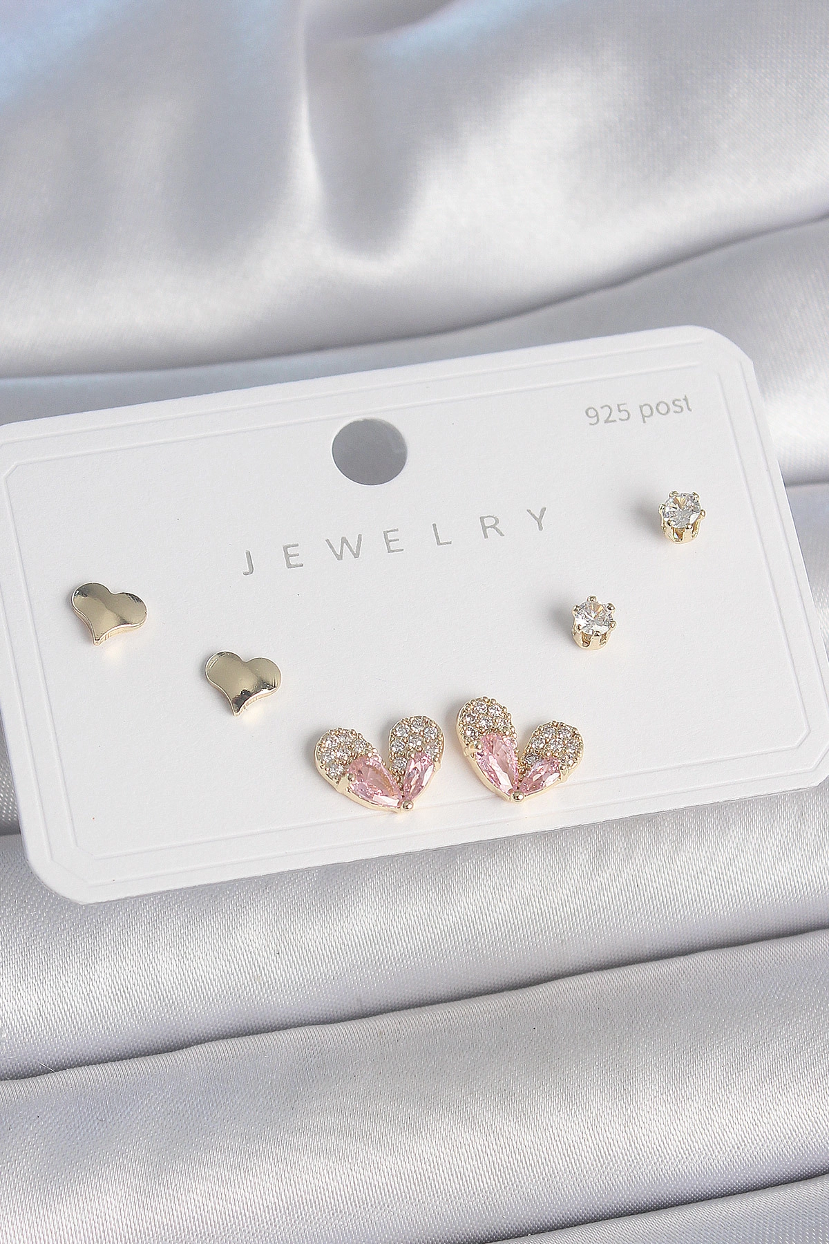 Pirinç Gold Renk Pembe Zirkon Taşlı Kalp Model 925 Ayar Gümüş Çivi Kadın Küpe Seti-0