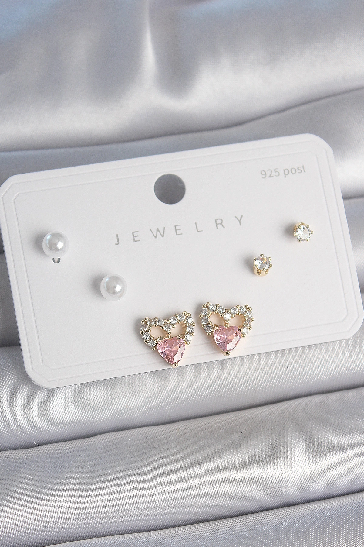 Pirinç Gold Renk Pembe Zirkon Taşlı Kalp Model İnci Detay 925 Ayar Kadın Küpe Seti-0