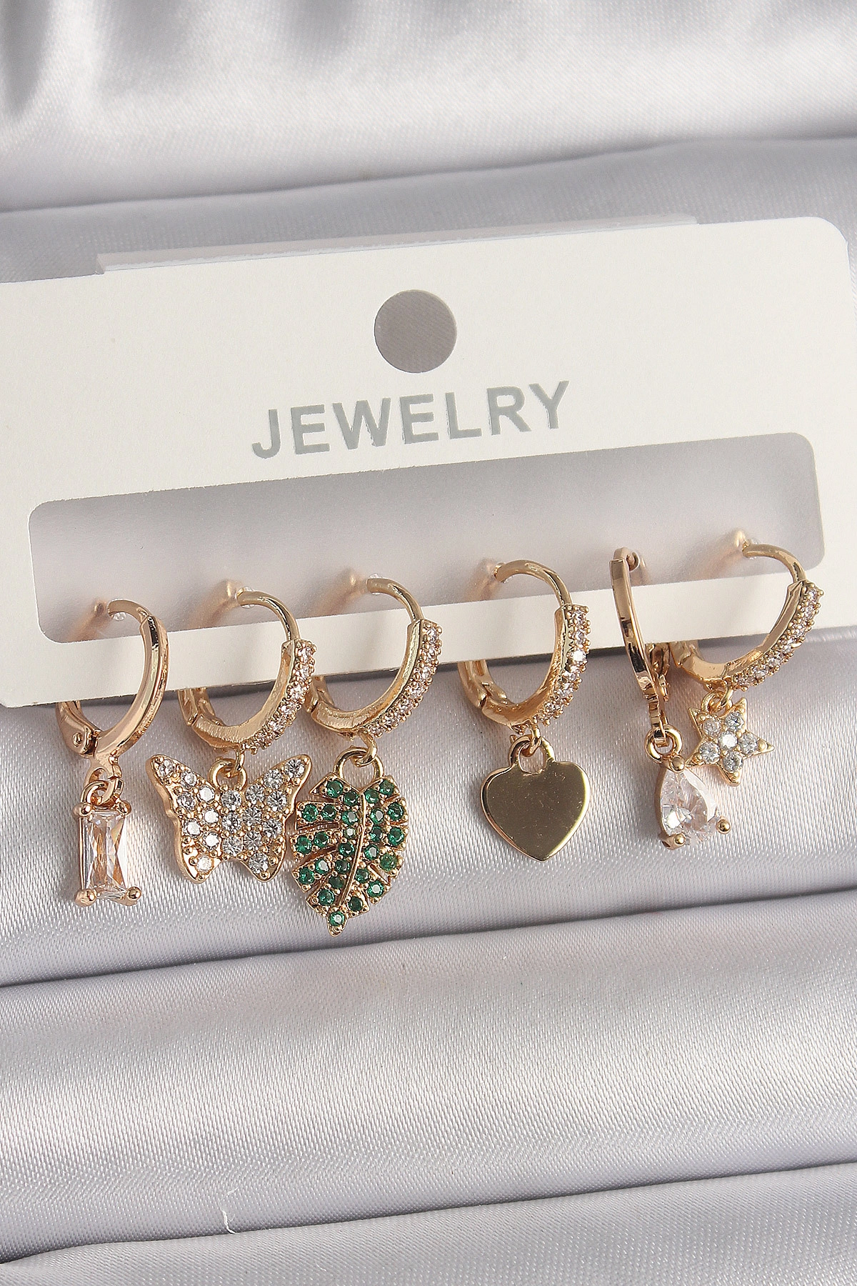 Pirinç Gold Renk Renkli Kelebek Figür Çoklu Figür Kadın Küpe Seti-0