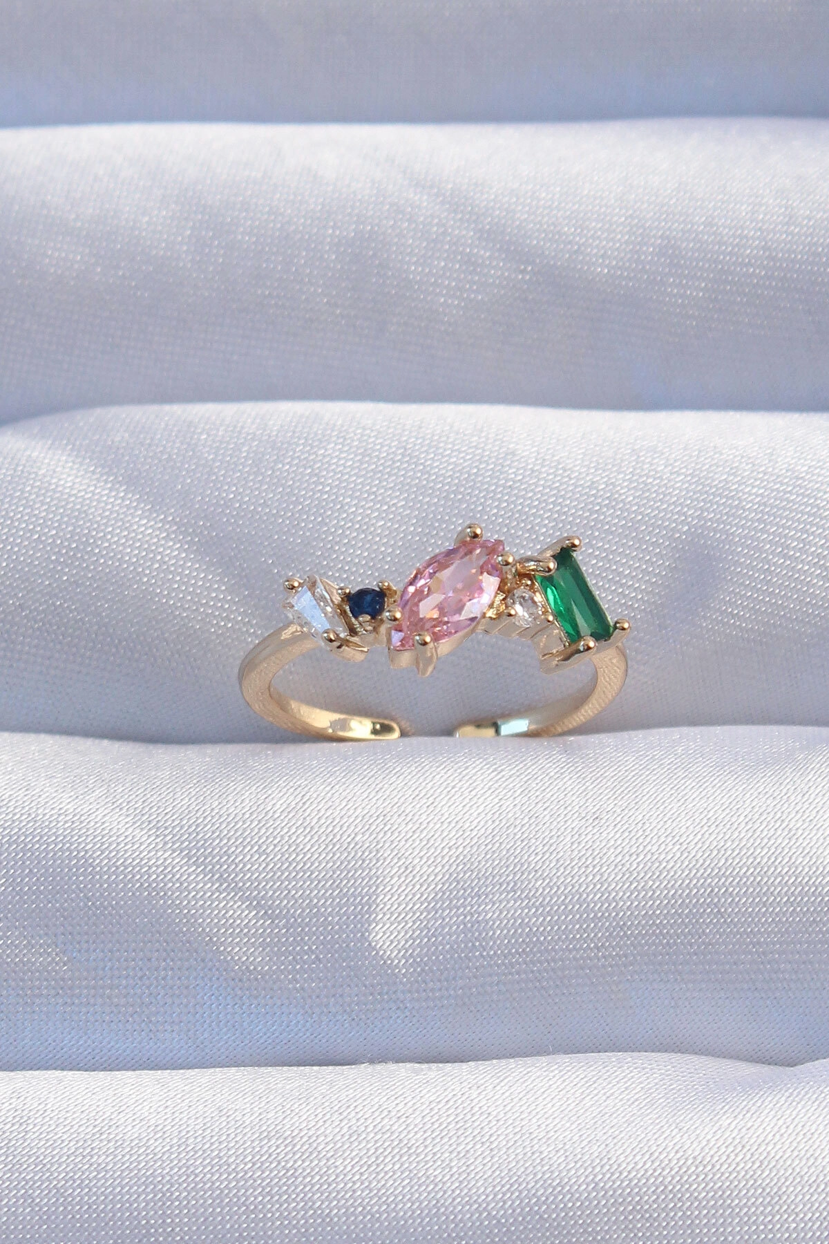 Pirinç Gold Renk Renkli Zirkon Taşlı Ayarlanabilir Yüzük-0