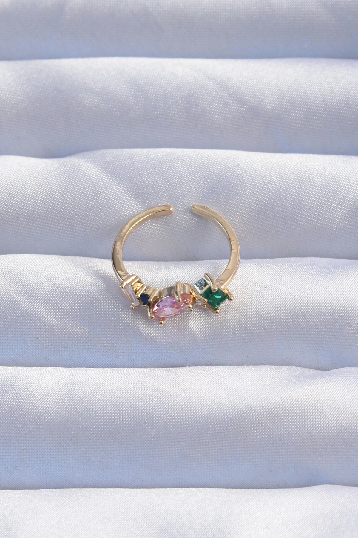 Pirinç Gold Renk Renkli Zirkon Taşlı Ayarlanabilir Yüzük-1