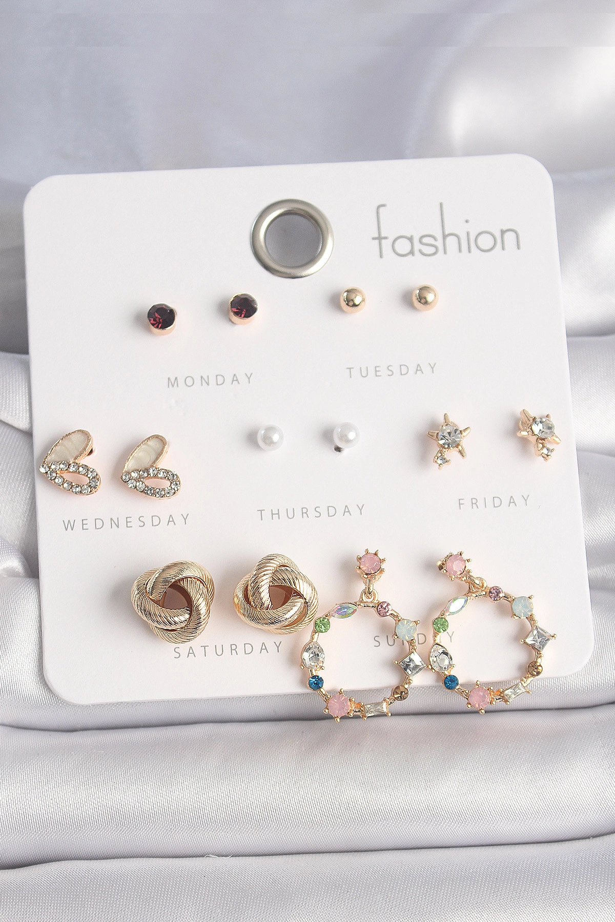 Pirinç Gold Renk Renkli Zirkon Taşlı Kalp Detay 7 Çift Kadın Küpe Seti-0