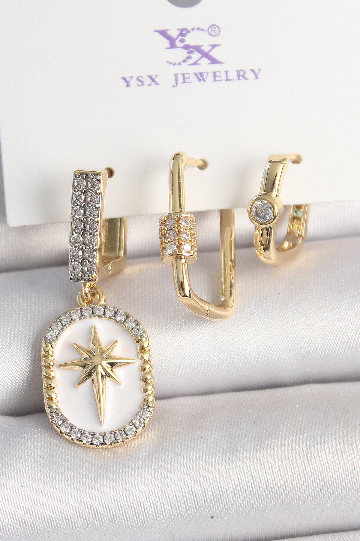 Pirinç Gold Renk Sallantı Zirkon Taş İşlmeli Yıldız Portre Model 3'Lü Kadın Kombin Küpe-0