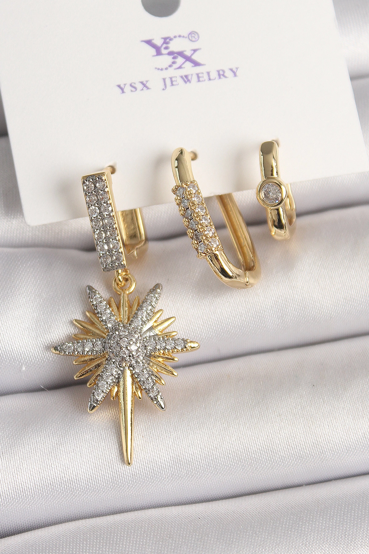 Pirinç Gold Renk Sallantı Zirkon Taşlı Kutup Yıldız Model 3'Lü Kadın Kombin Küpe-0