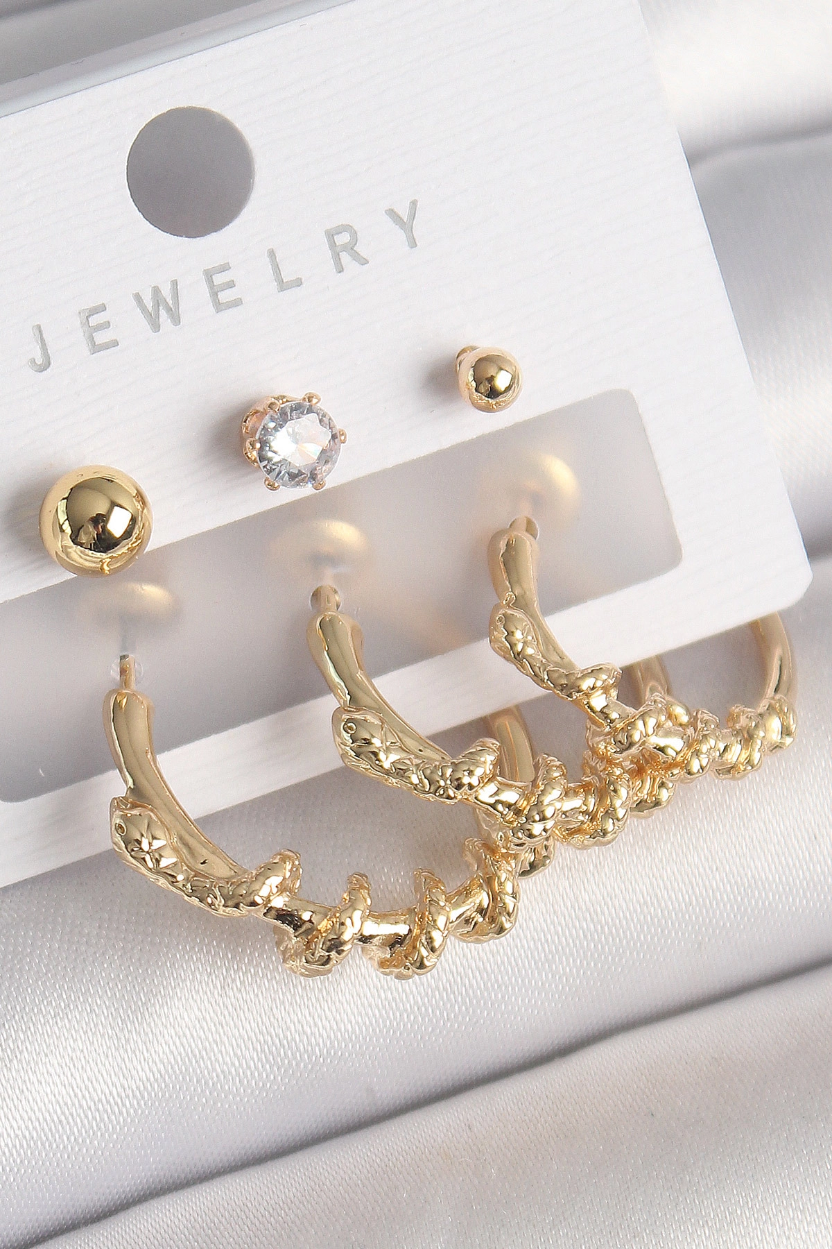 Pirinç Gold Renk Sarmal Yılan Halka Model Zirkon Taşlı Topçuk Detay Kadın Küpe Seti-0