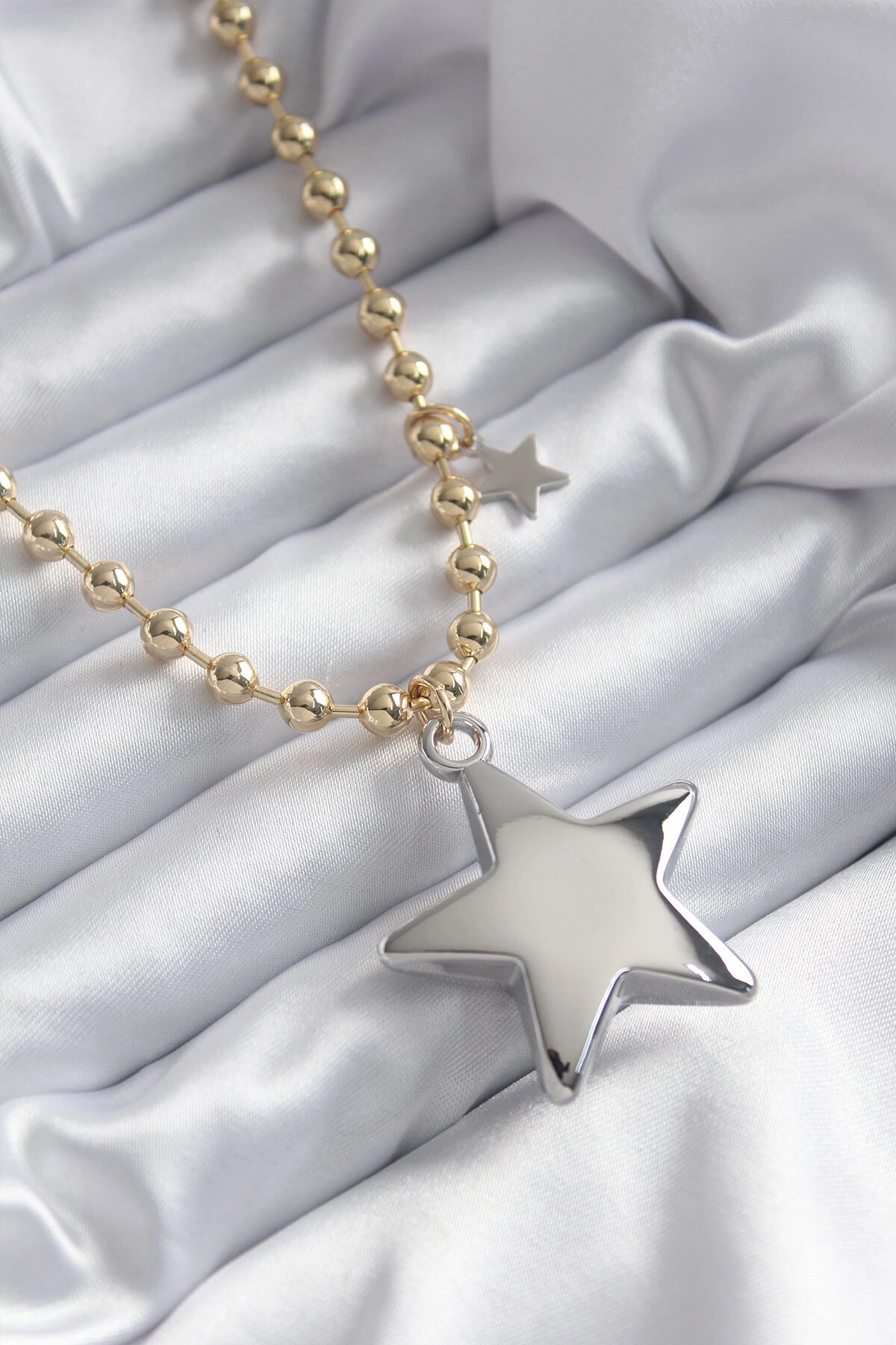 Pirinç Gold Renk Topçuk Zincir Gümüş 3D Yıldız Model Yıldız Detay VİP Kadın Kolye-0