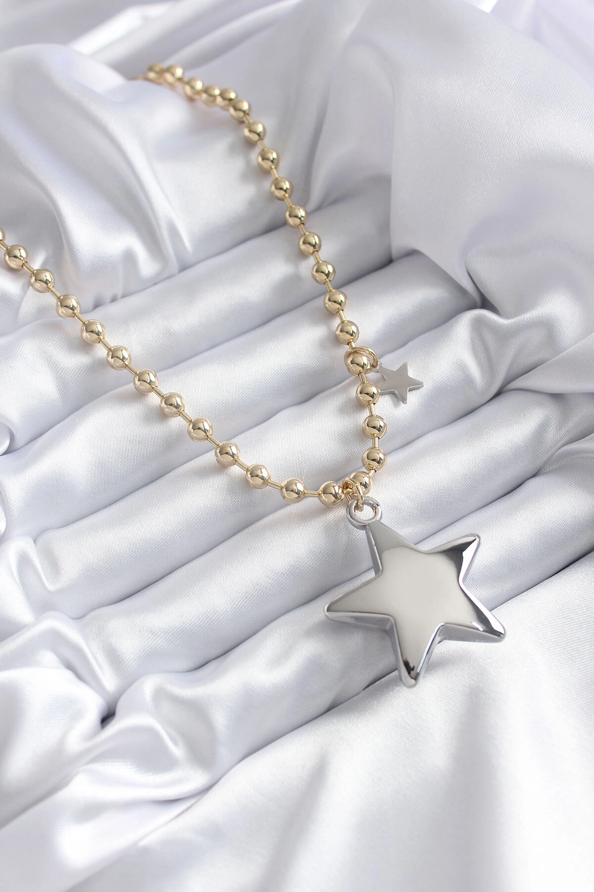Pirinç Gold Renk Topçuk Zincir Gümüş 3D Yıldız Model Yıldız Detay VİP Kadın Kolye-1