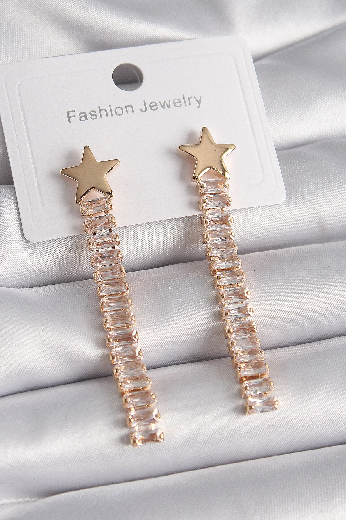 Pirinç Gold Renk Yıldız Model Su Yolu Zirkon Taşlı Kadın Küpe-0