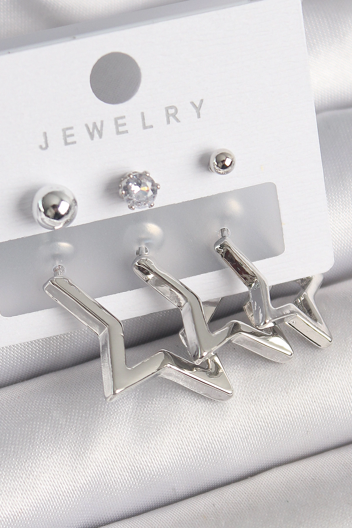 Pirinç Gold Renk Yıldız Model Zirkon Taşlı Topçuk Detay Kadın Küpe Seti-0