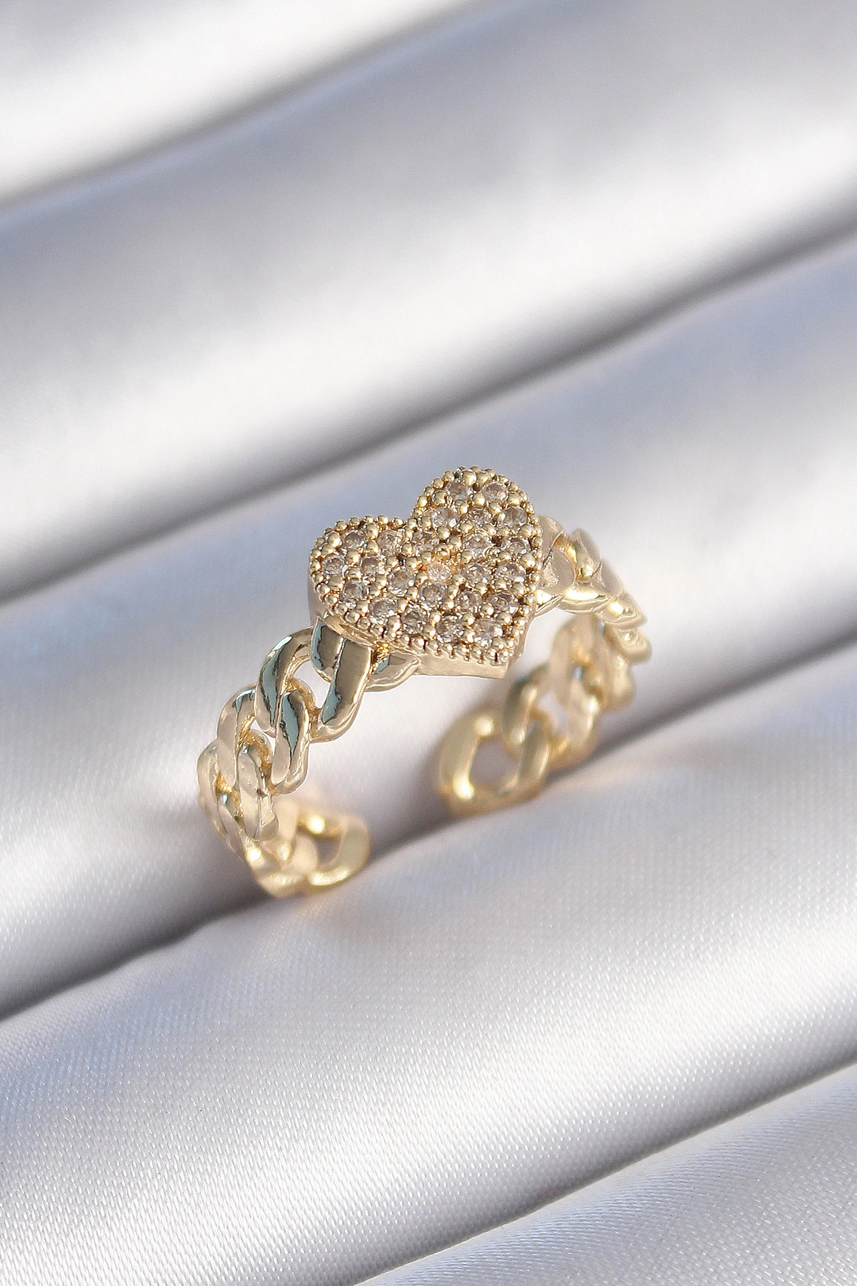 Pirinç Gold Renk Zincir Kordon Zirkon Taşlı Kalp Model Kadın Yüzük-0