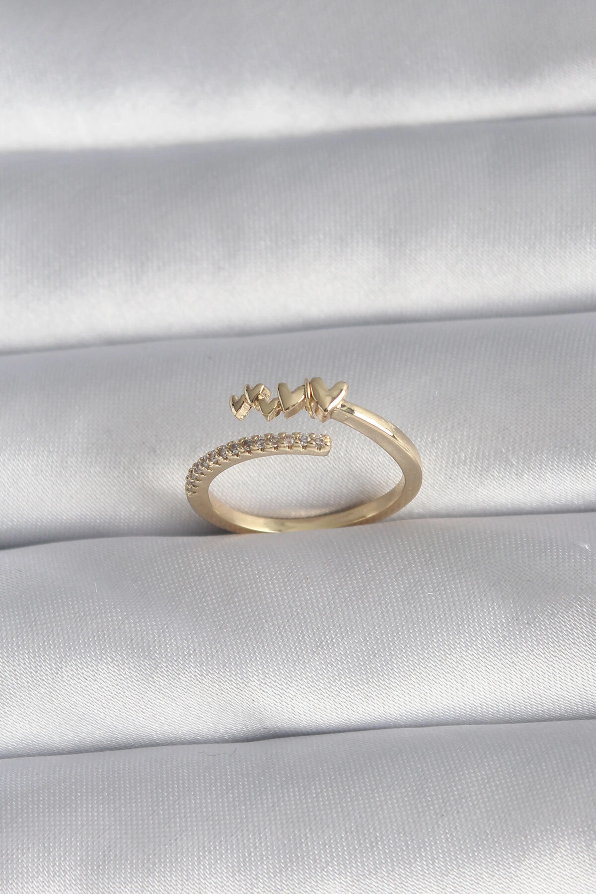 Pirinç Gold Renk Zirkon Taş Detay Kalp Model Kadın Yüzük-0