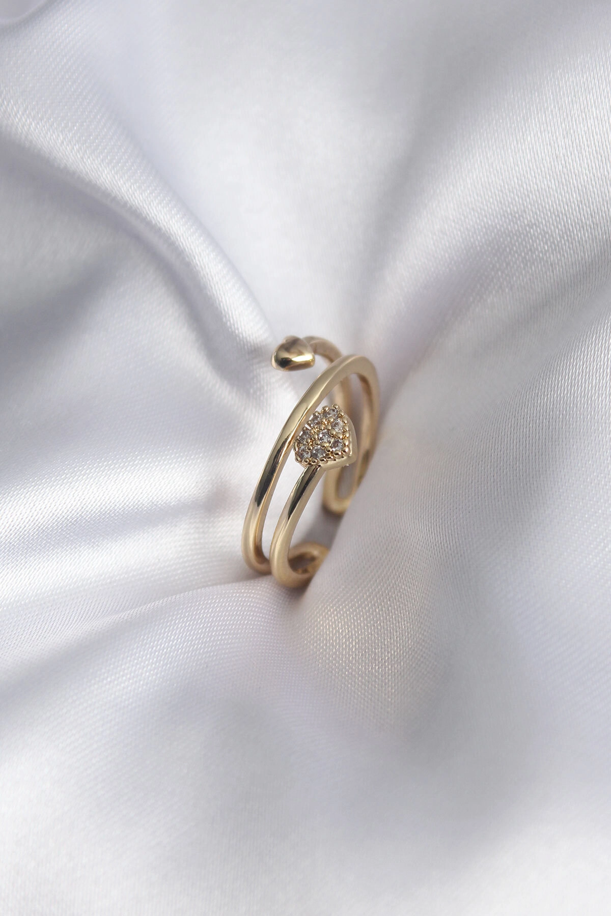 Pirinç Gold Renk Zirkon Taş Detay Kalp Model Kadın Yüzük-0