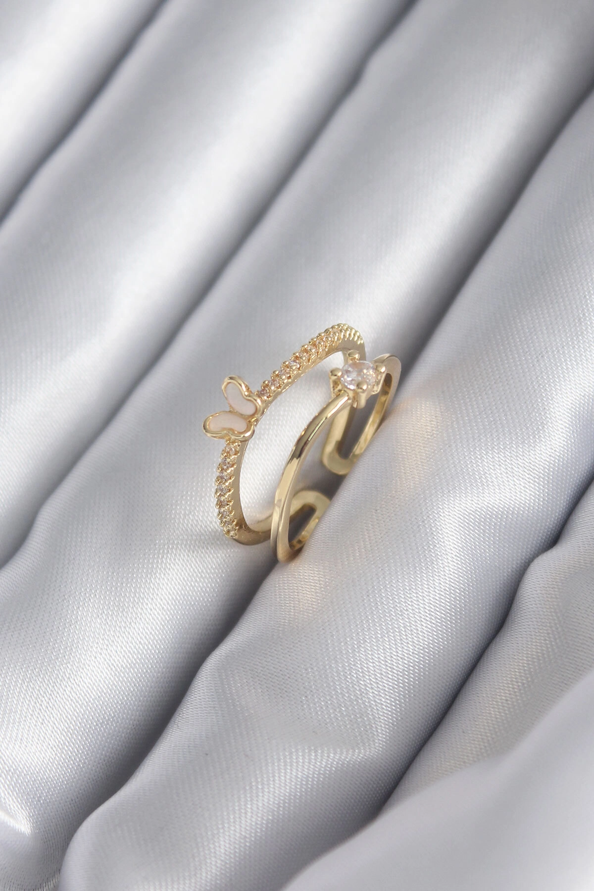 Pirinç Gold Renk Zirkon Taş Detay Kelebek Model Kadın Yüzük-0