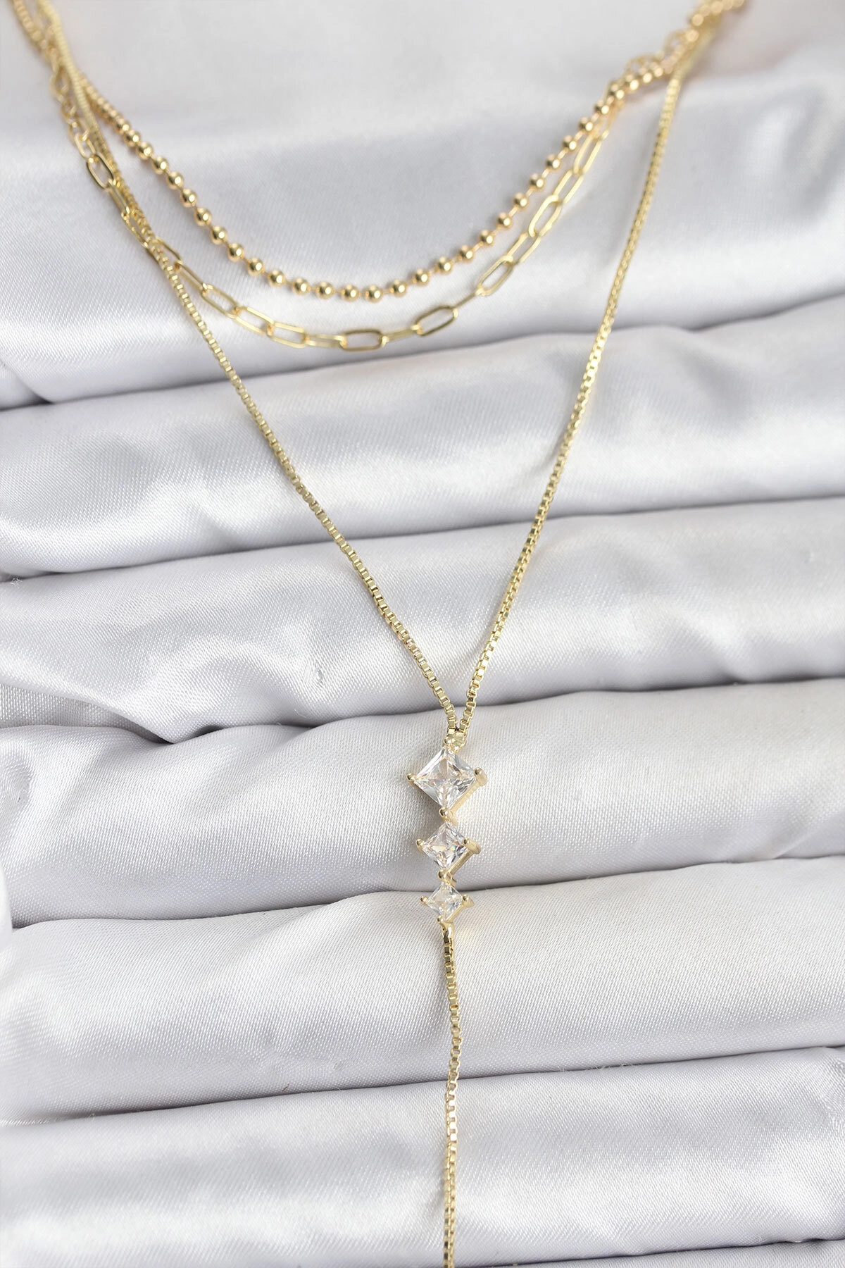 Pirinç Gold Renk Zirkon Taş Detaylı 3'lü Kombin Y Kadın Kolye-0