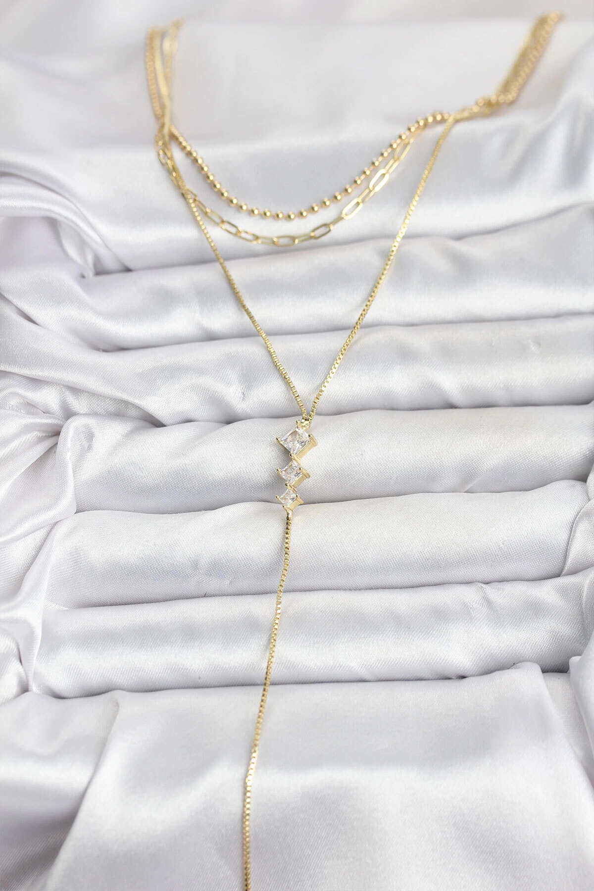 Pirinç Gold Renk Zirkon Taş Detaylı 3'lü Kombin Y Kadın Kolye-1