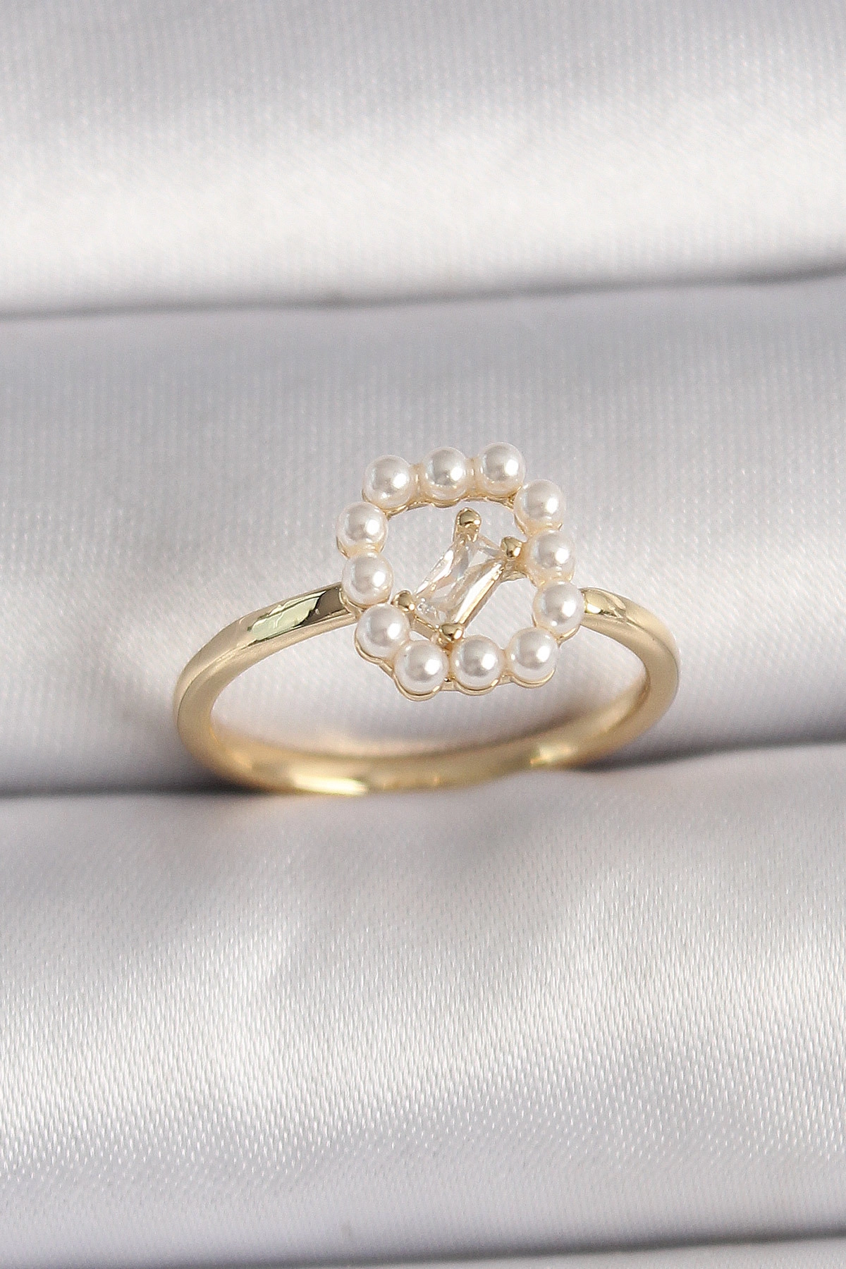 Pirinç Gold Renk Zirkon Taş Detaylı İncili Ayarlanabilir Yüzük-0