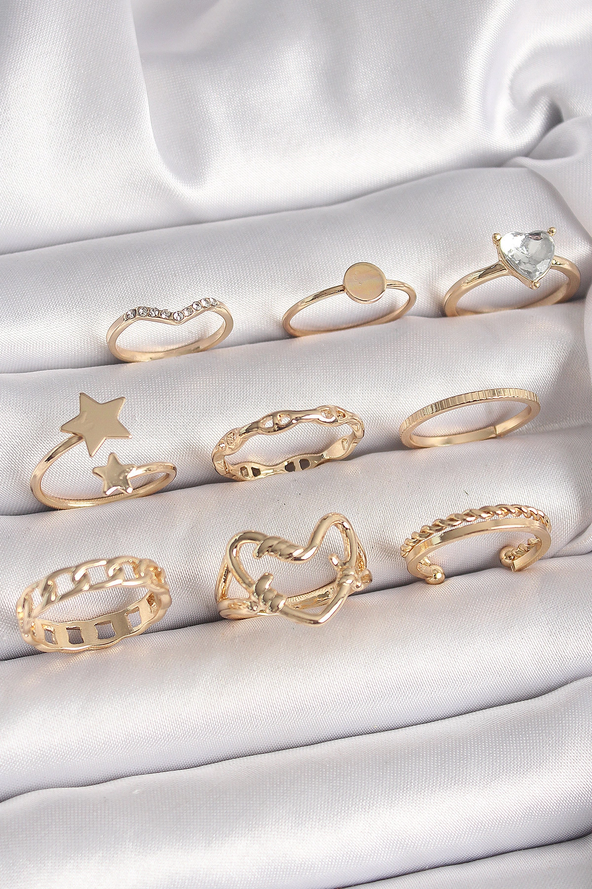 Pirinç Gold Renk Zirkon Taş Detaylı Kalp Yıldız Figür Kadın Yüzük Seti-0
