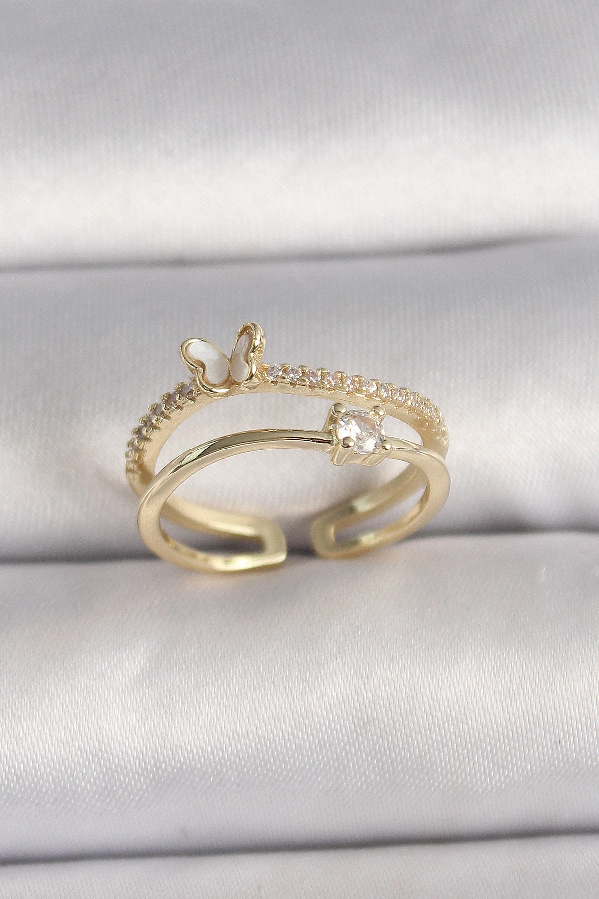 Pirinç Gold Renk Zirkon Taş Detaylı Kelebek Figür Ayarlanabilir Yüzük-0