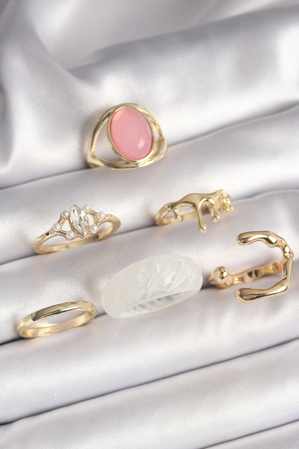 Pirinç Gold Renk Zirkon Taş Detaylı Pembe Mineli 6'Lı Kadın Yüzük Seti-0