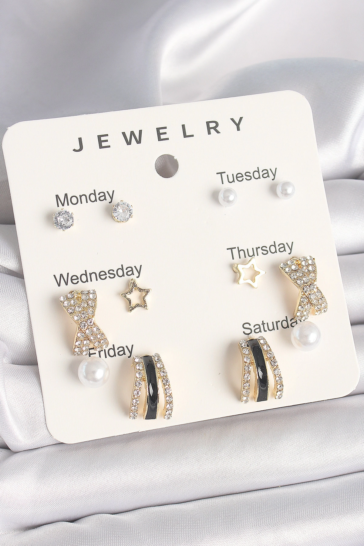 Pirinç Gold Renk Zirkon Taş Yıldız Detaylı İncili 7'Li Set Kadın Küpe Seti-0