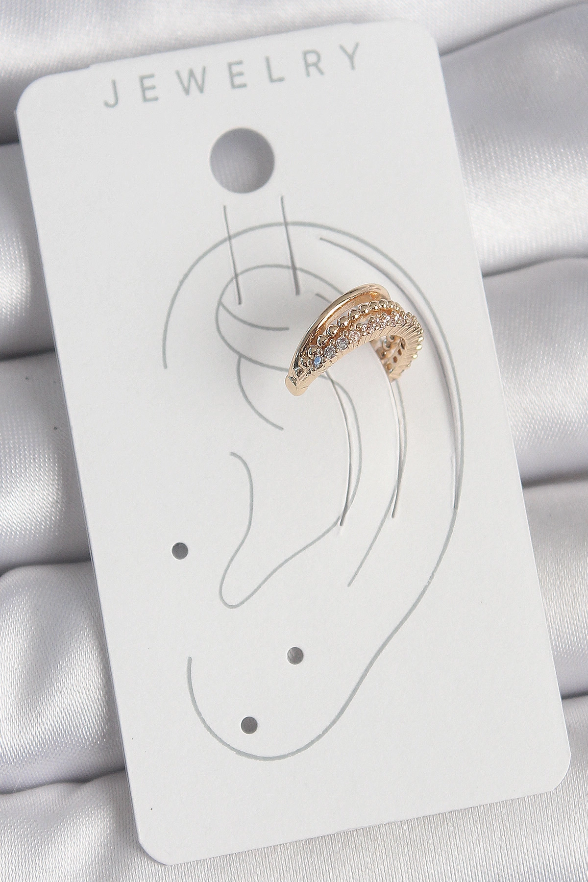 Pirinç Gold Renk Zirkon Taşlı 3'Lü Sıralı Model Kadın Kıkırdak Küpe-1