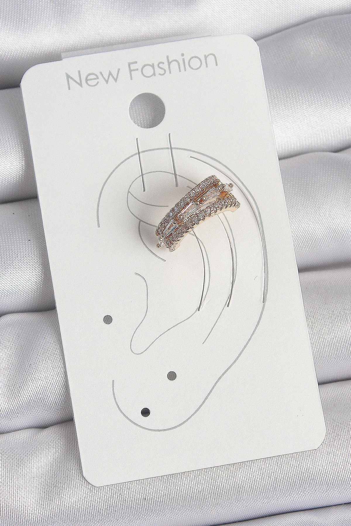 Pirinç Gold Renk Zirkon Taşlı 3'Lü Sıralı Model Kadın Kıkırdak Küpe-1