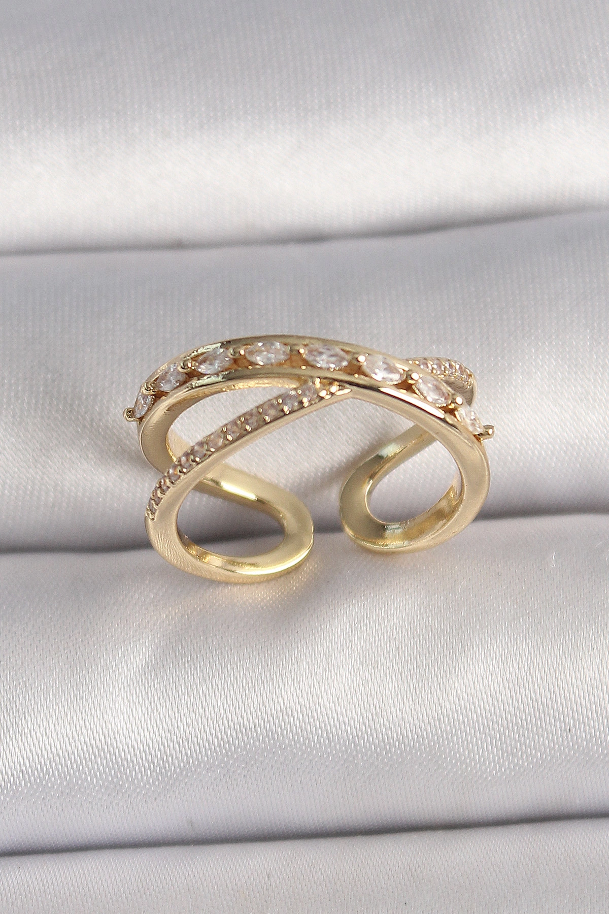 Pirinç Gold Renk Zirkon Taşlı Ayarlanabilir Kadın Yüzük-0