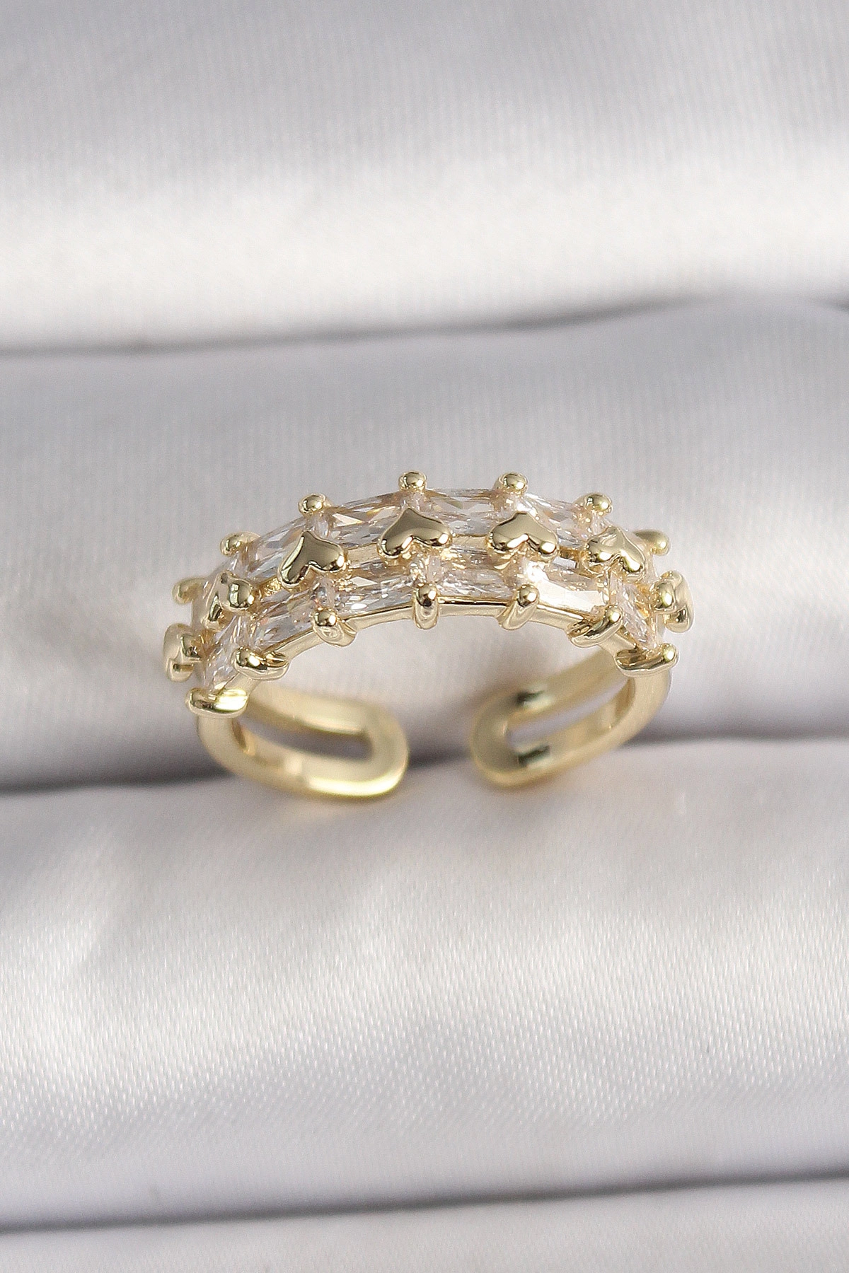 Pirinç Gold Renk Zirkon Taşlı Ayarlanabilir Yüzük-0