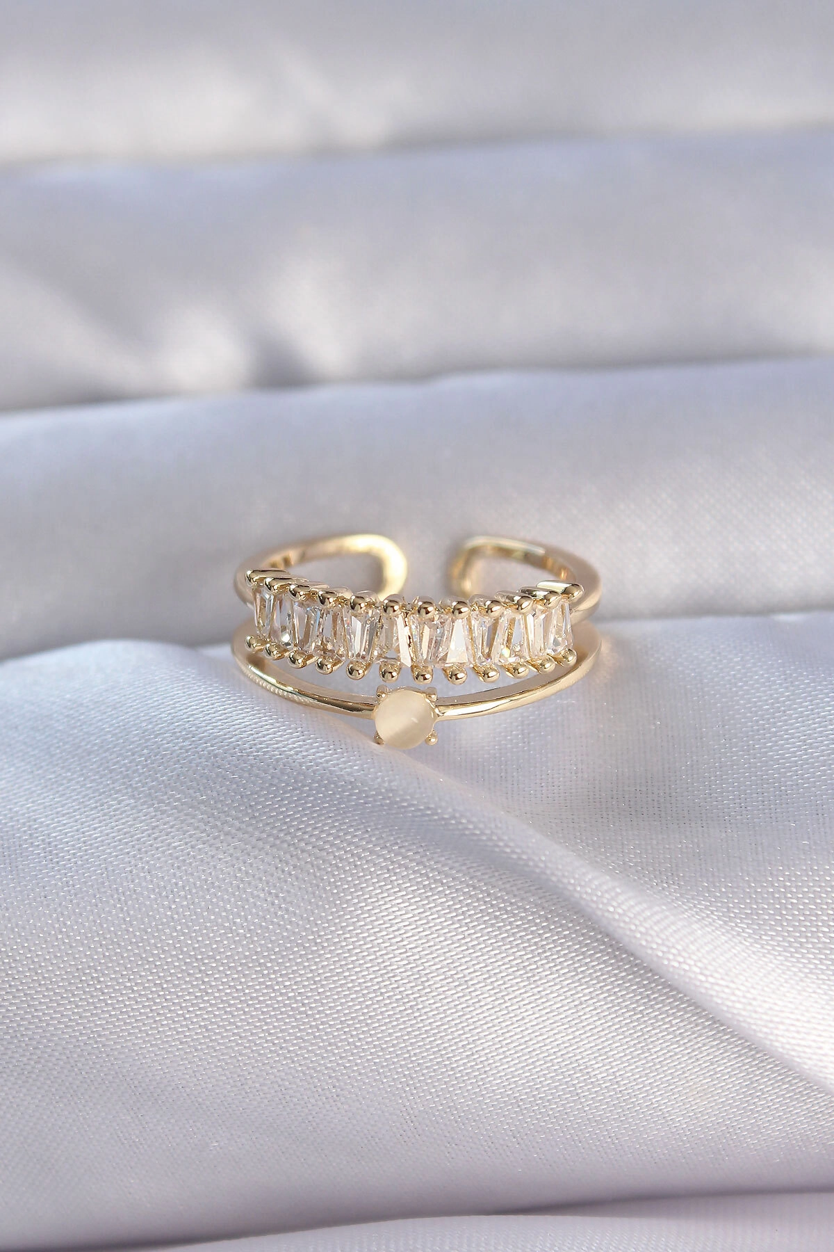 Pirinç Gold Renk Zirkon Taşlı Baget Su Yolu Model Ayarlanabilir Yüzük-1