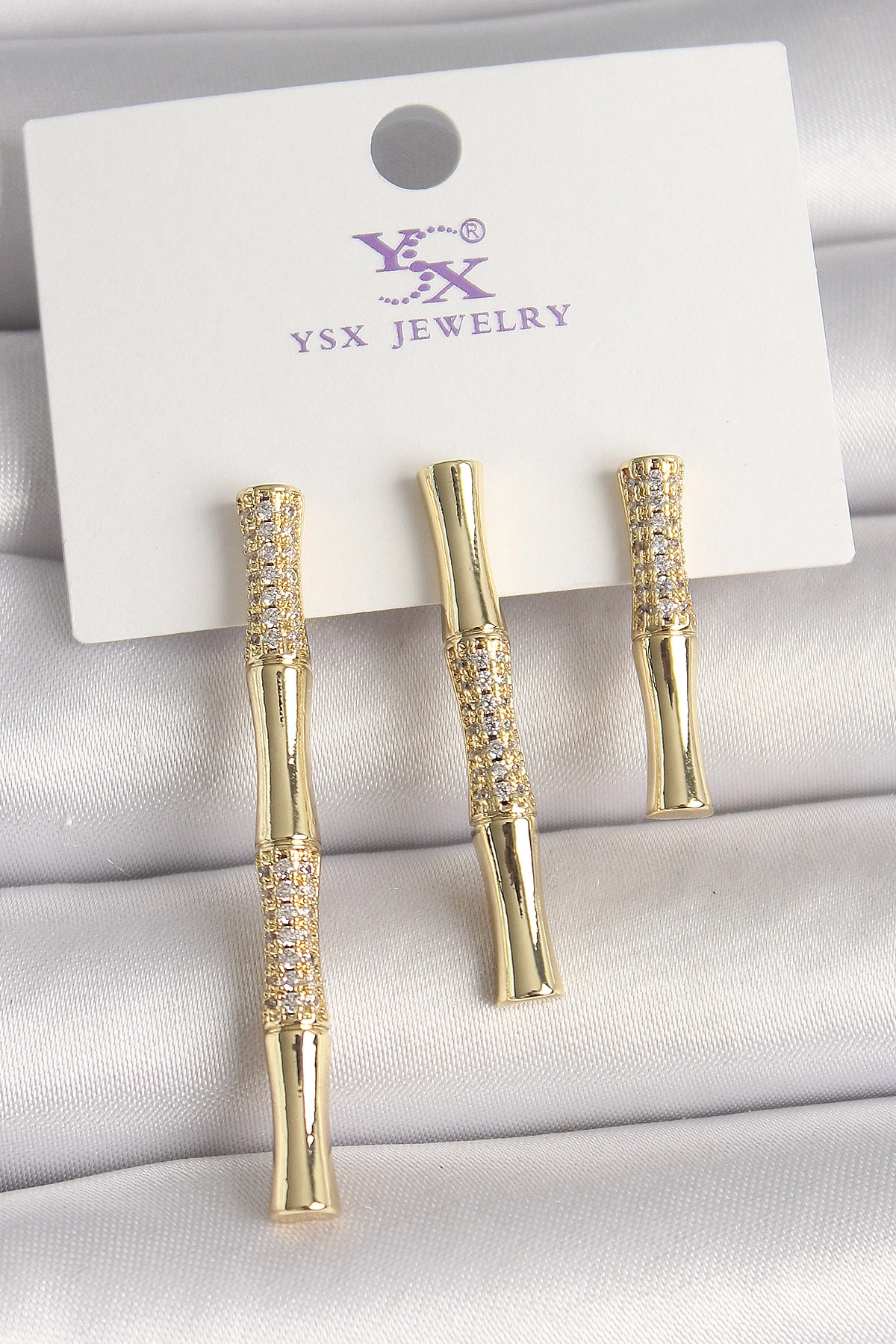 Pirinç Gold Renk Zirkon Taşlı Bambu Model 3'Lü Kadın Kombin Küpe-0