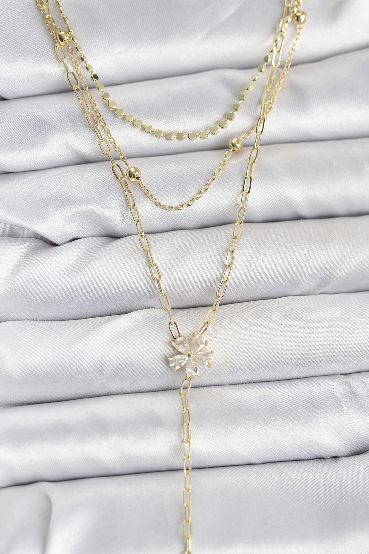 Pirinç Gold Renk Zirkon Taşlı Çiçek Model Detaylı 3'lü Kombin Y Kadın Kolye-0