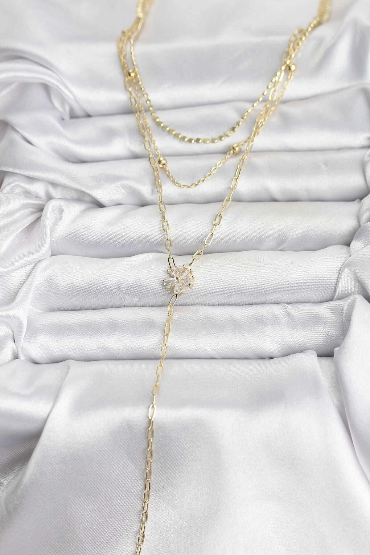 Pirinç Gold Renk Zirkon Taşlı Çiçek Model Detaylı 3'lü Kombin Y Kadın Kolye-1