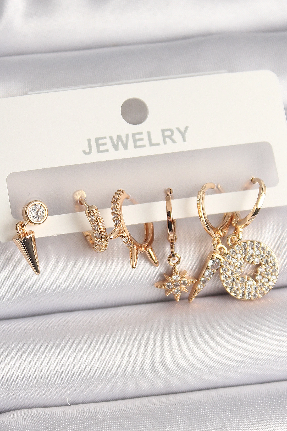 Pirinç Gold Renk Zirkon Taşlı Çoklu Figür Kadın Küpe Seti-0