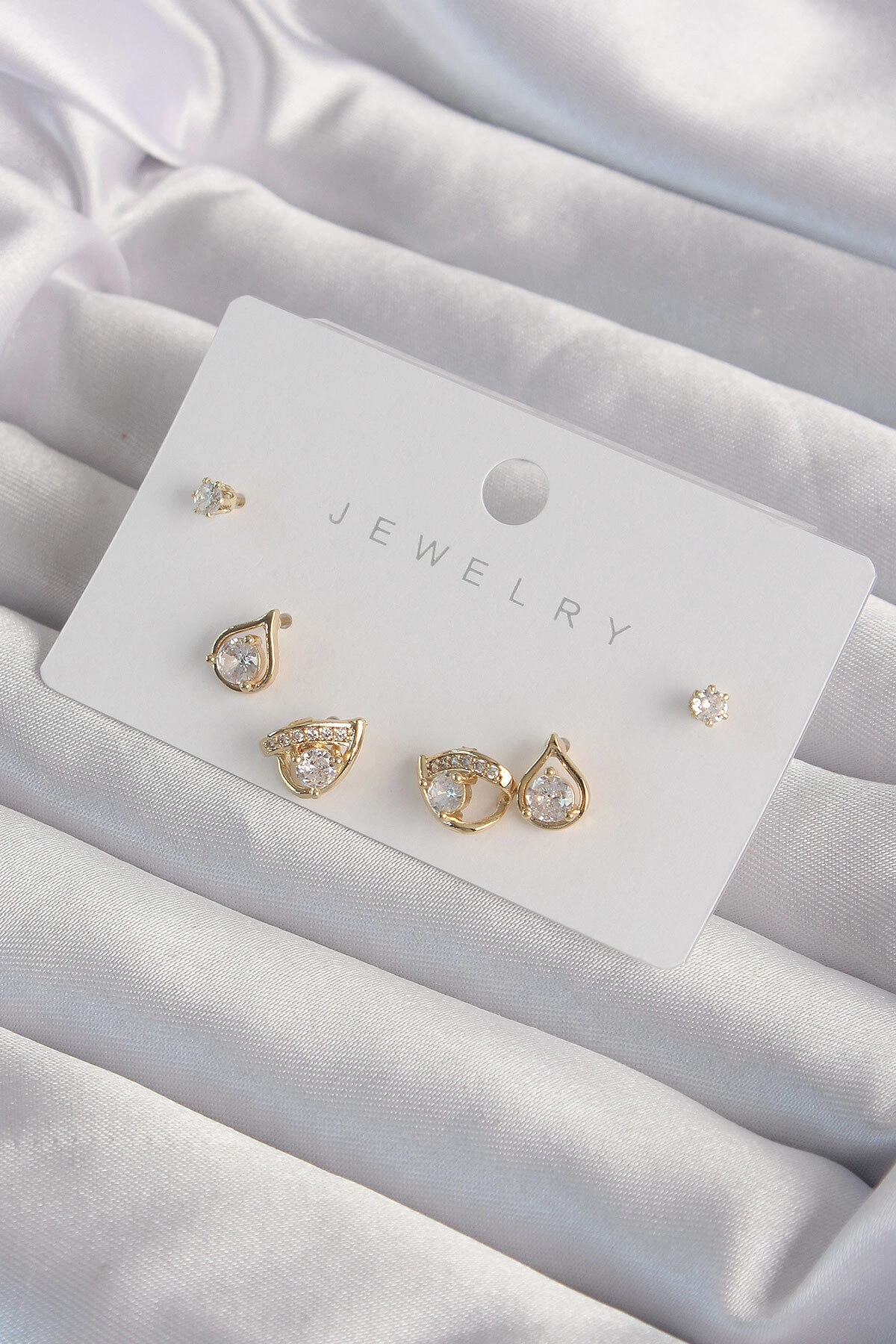 Pirinç Gold Renk Zirkon Taşlı Damla Model Küpe Seti-0