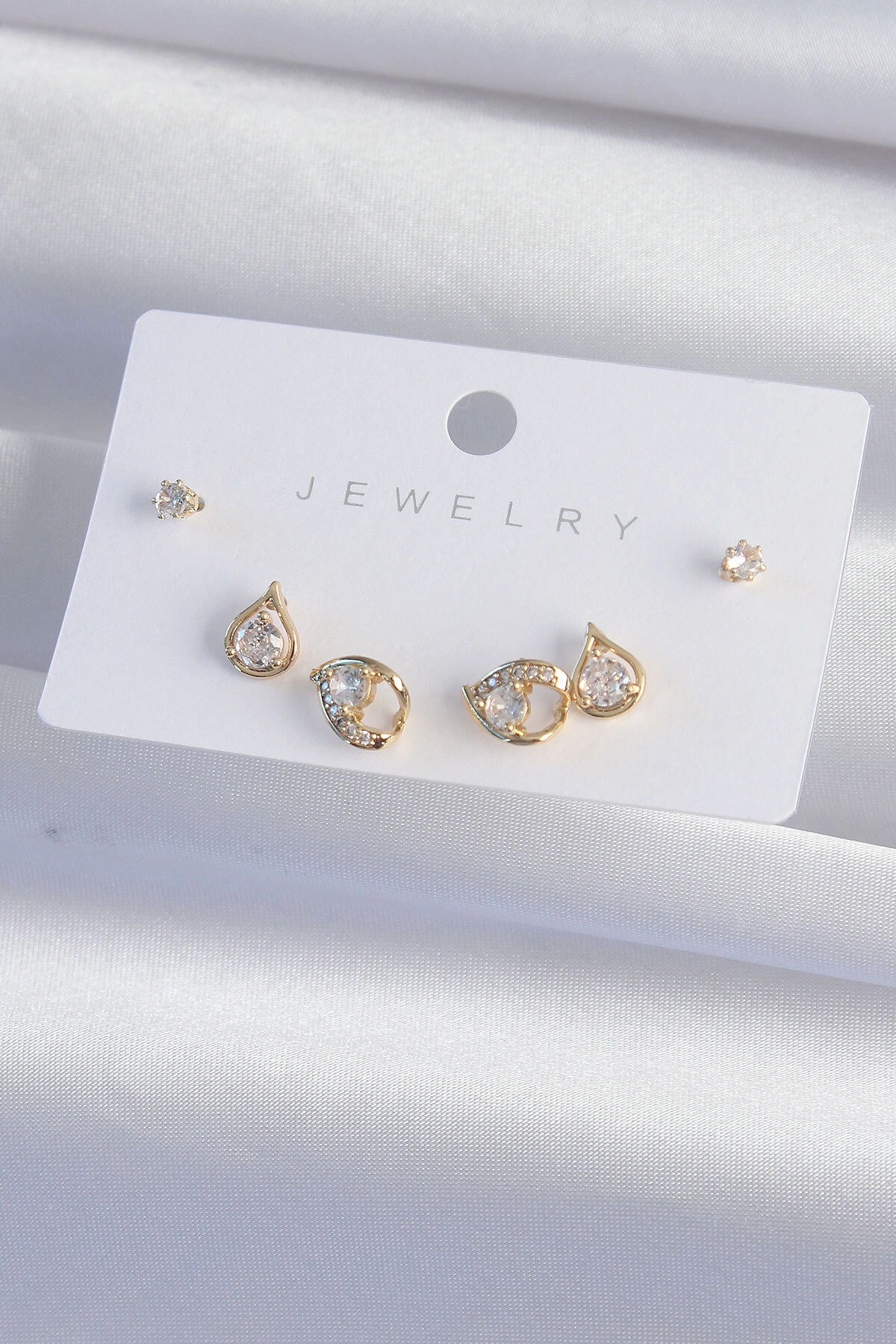 Pirinç Gold Renk Zirkon Taşlı Damla Model Küpe Seti-1