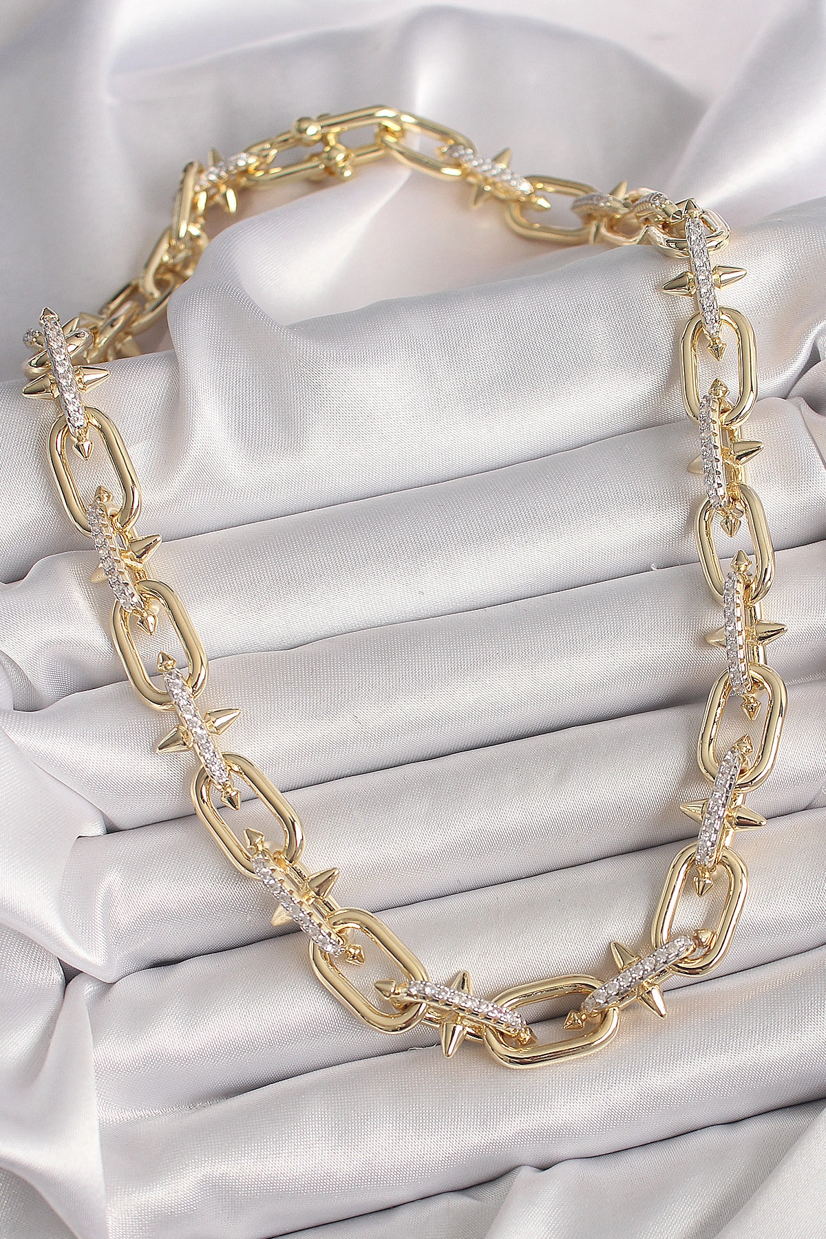 Pirinç Gold Renk Zirkon Taşlı Dikenli Halka Model VIP Exculusive Seri Kadın Kolye-1