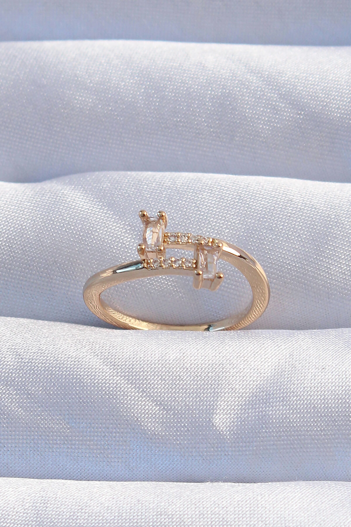 Pirinç Gold Renk Zirkon Taşlı Geometrik Ayarlanabilir Yüzük-0