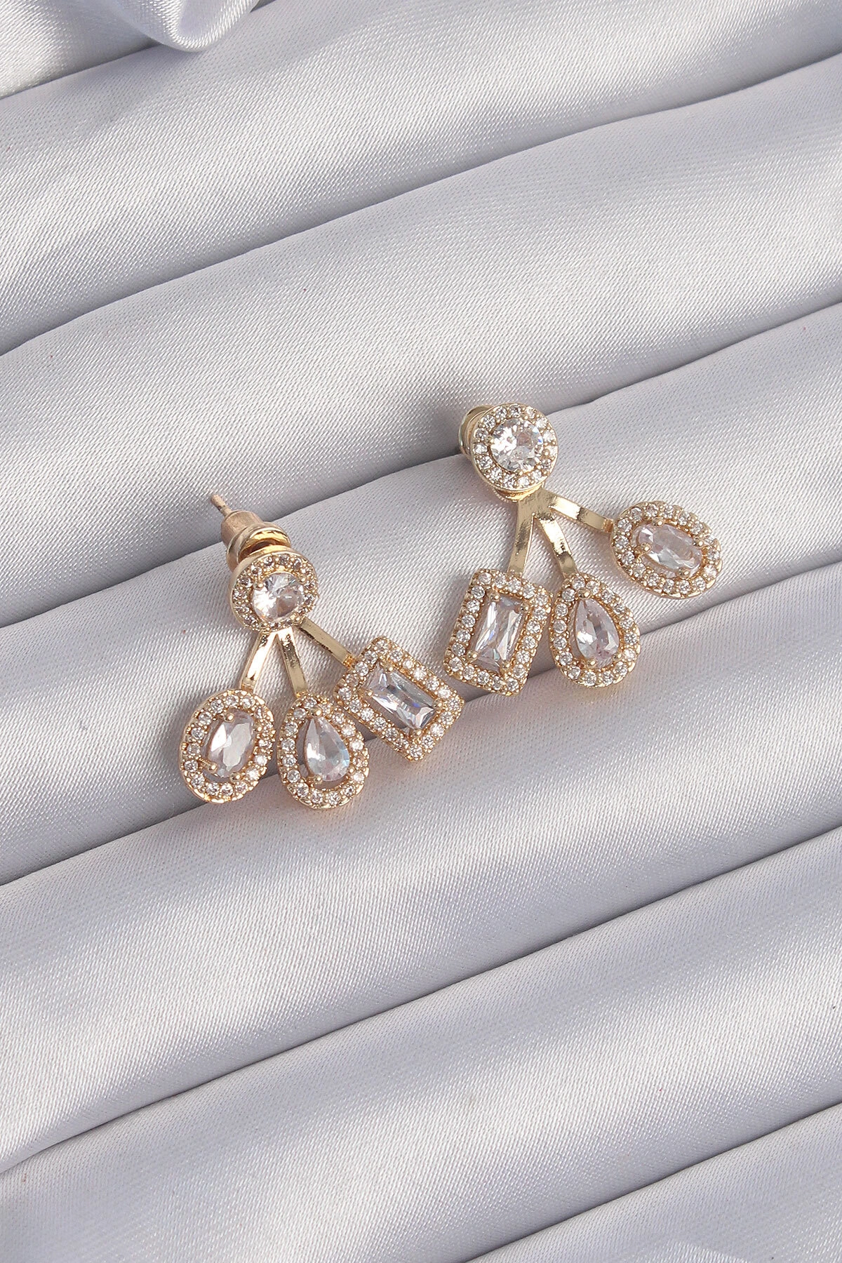 Pirinç Gold Renk Zirkon Taşlı Geometrik Model Küpe-0