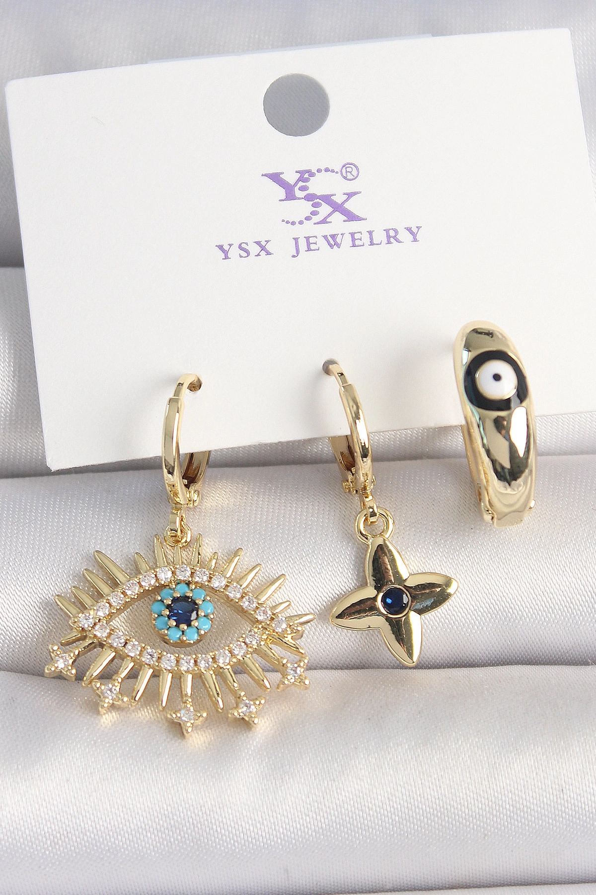 Pirinç Gold Renk Zirkon Taşlı Göz Figür Nazar Boncuk Detay 3'Lü Kadın Kombin Küpe-0