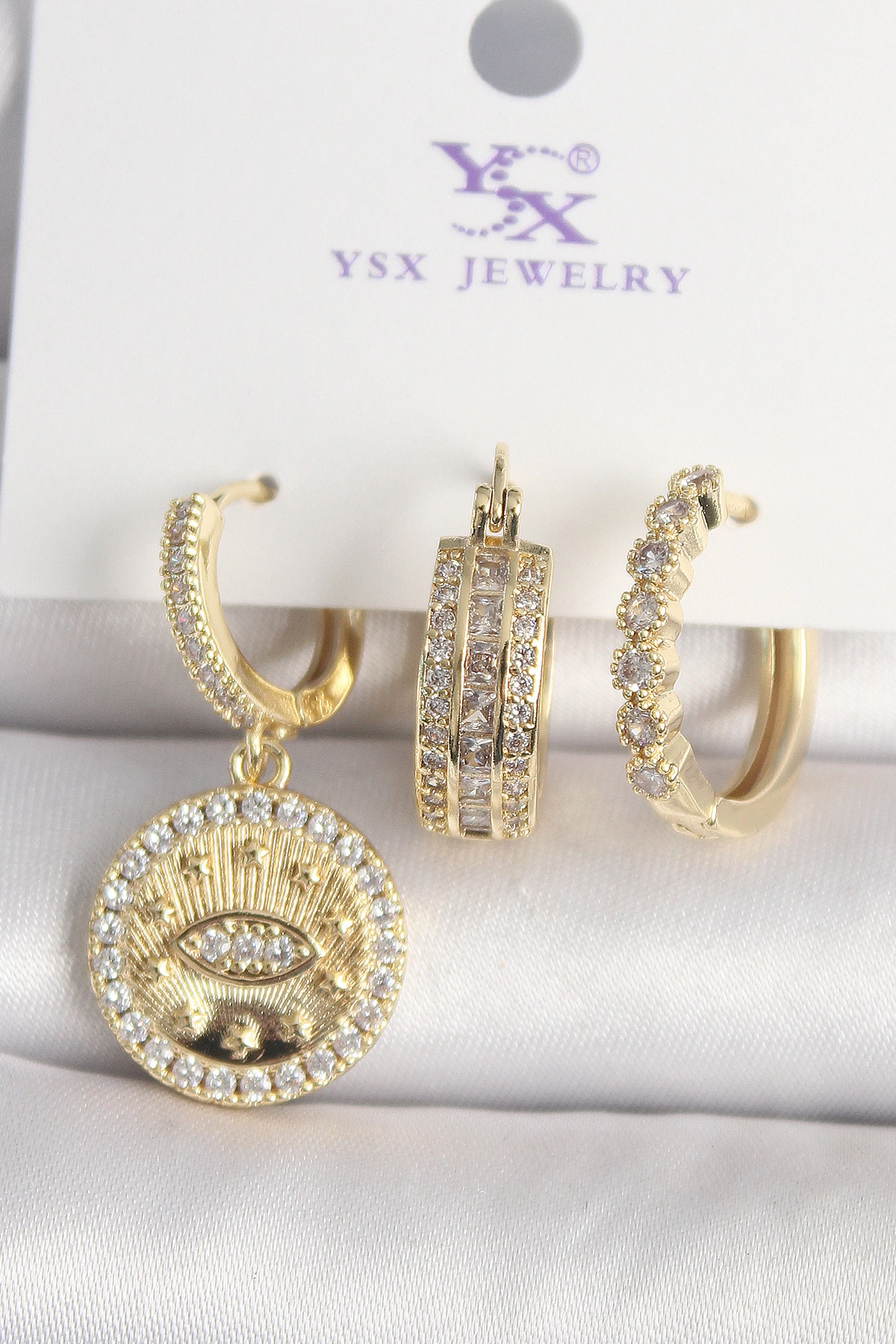 Pirinç Gold Renk Zirkon Taşlı Göz İşlemeli Model 3'Lü Kadın Kombin Küpe-0