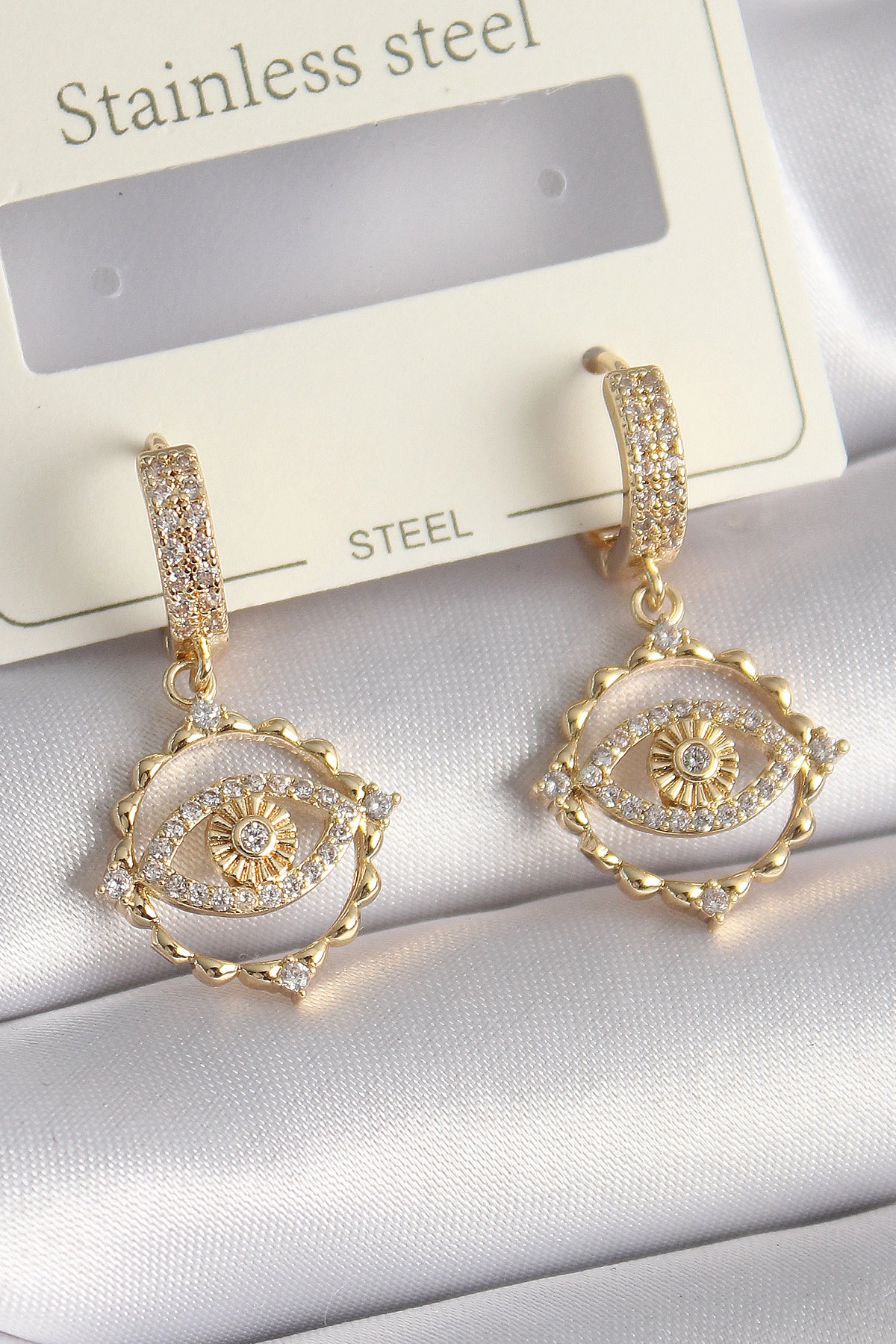 Pirinç Gold Renk Zirkon Taşlı Göz Model Kadın Küpe-0