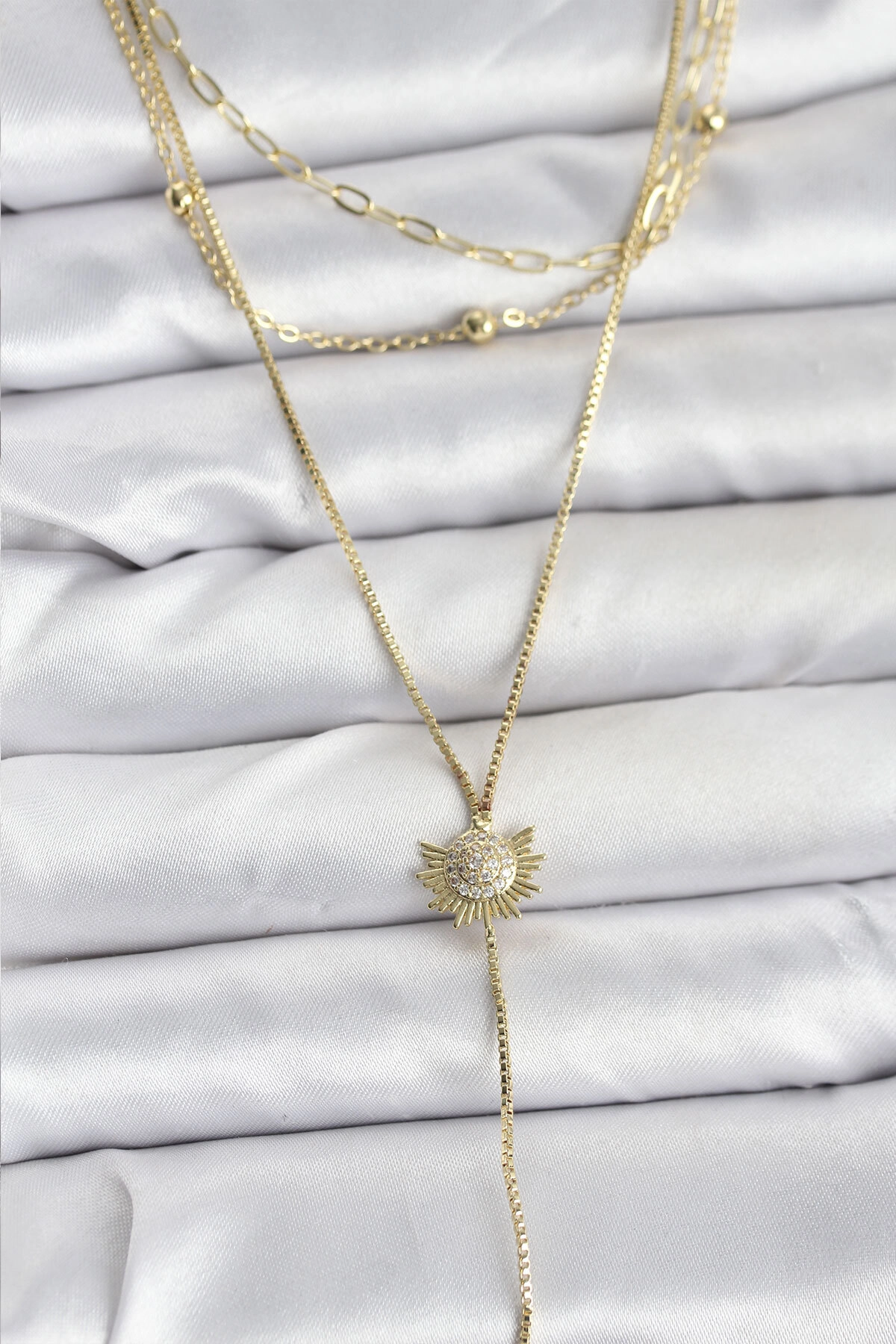 Pirinç Gold Renk Zirkon Taşlı Güneş Model Detaylı 3'lü Kombin Y Kadın Kolye-0