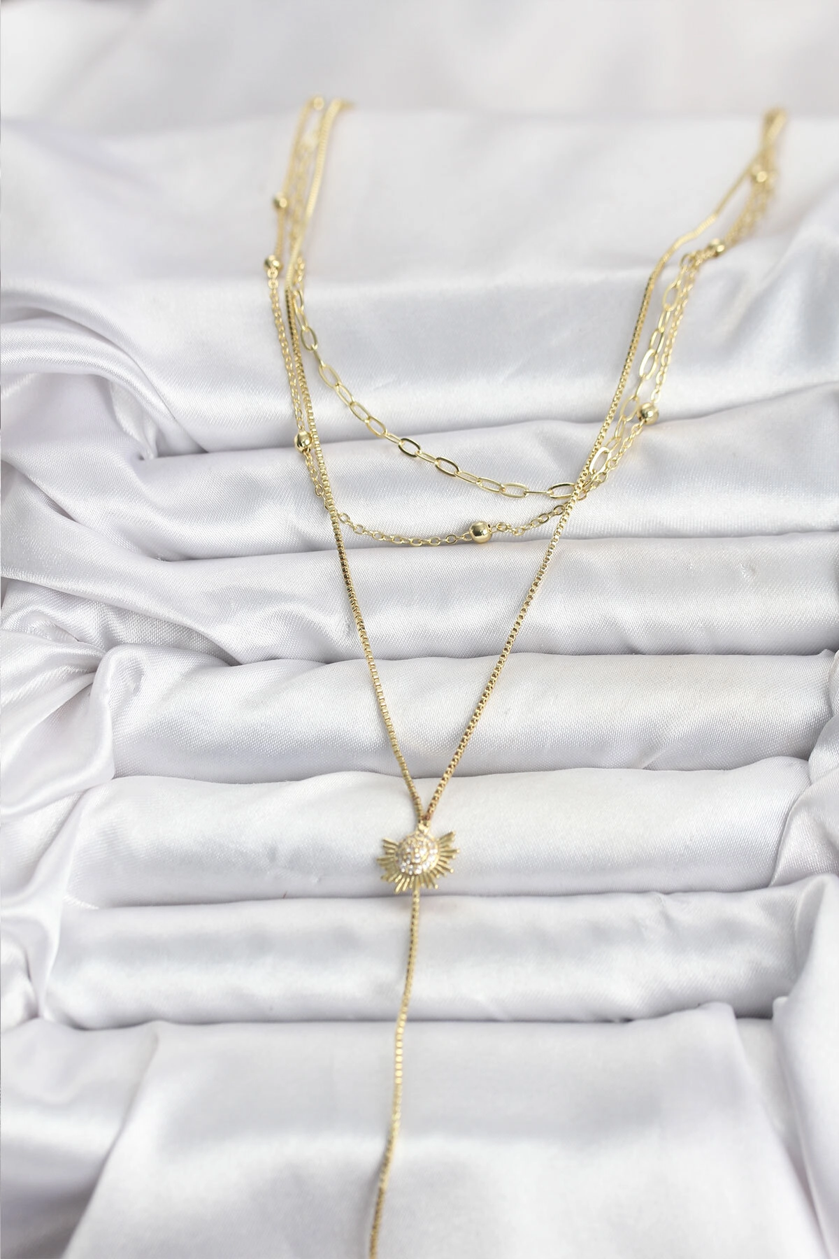 Pirinç Gold Renk Zirkon Taşlı Güneş Model Detaylı 3'lü Kombin Y Kadın Kolye-1