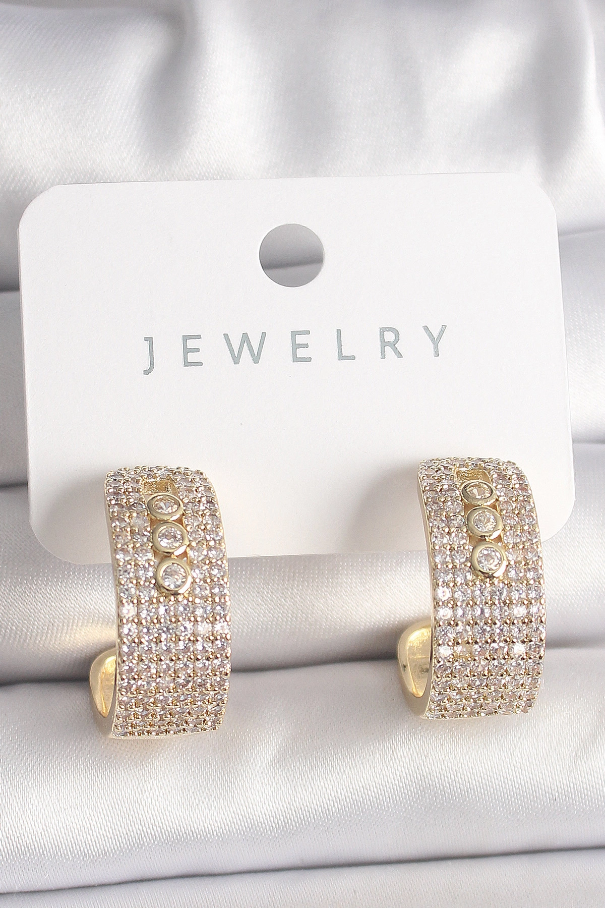 Pirinç Gold Renk Zirkon Taşlı Halka Messika Model Kadın Küpe-0