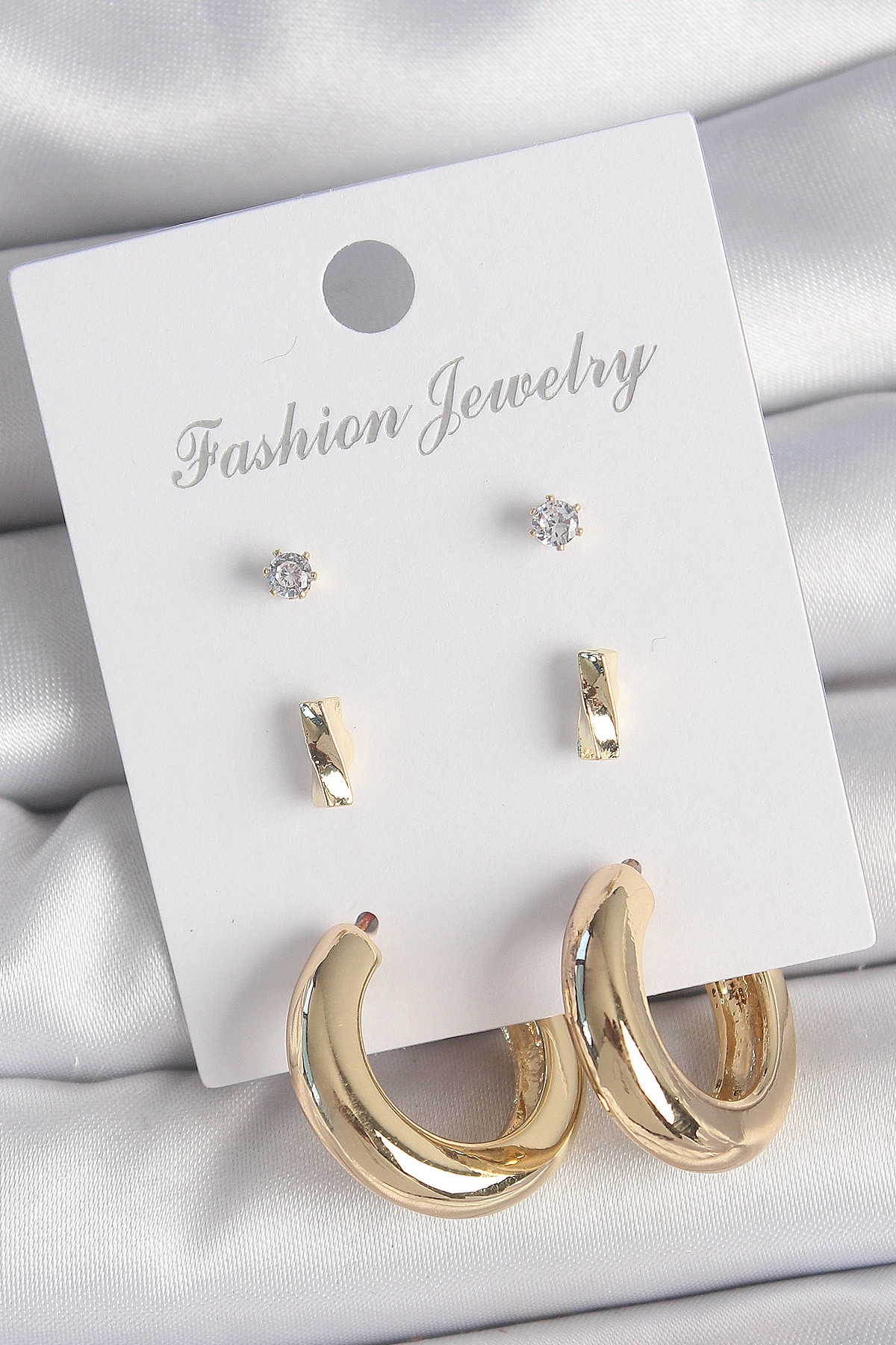 Pirinç Gold Renk Zirkon Taşlı Halka Model 3 Çift Kadın Küpe Seti-0